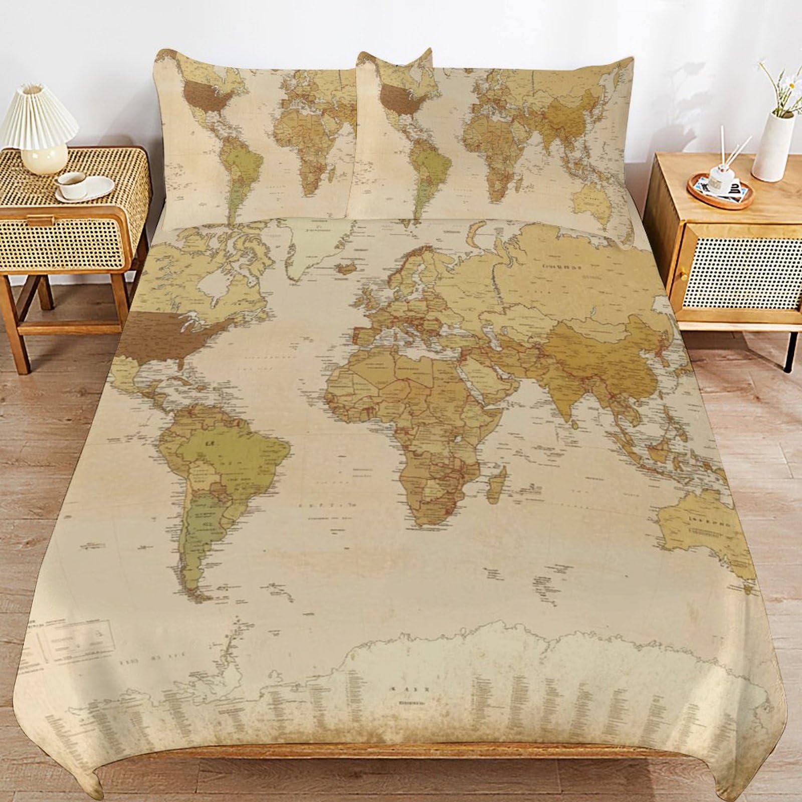 Parure de lit 200x200 microfbre motif carte du monde avec housses