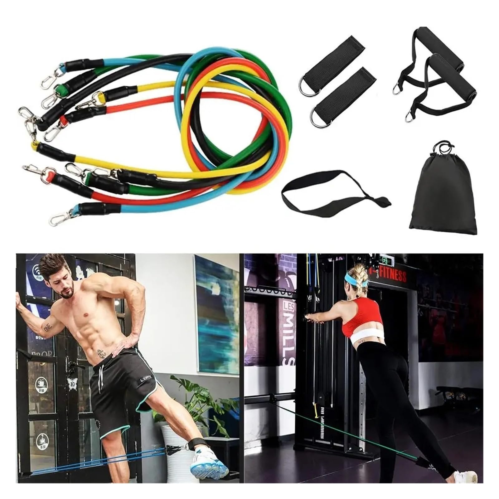 11-teiliges Fitness-Widerstandsband-Set mit Türanker, Knöchelriemen, gepolsterten Handeln und Tragetasche, Trainingsbänder für Heimtraining, Physikalische Therapie, Muskeltoning