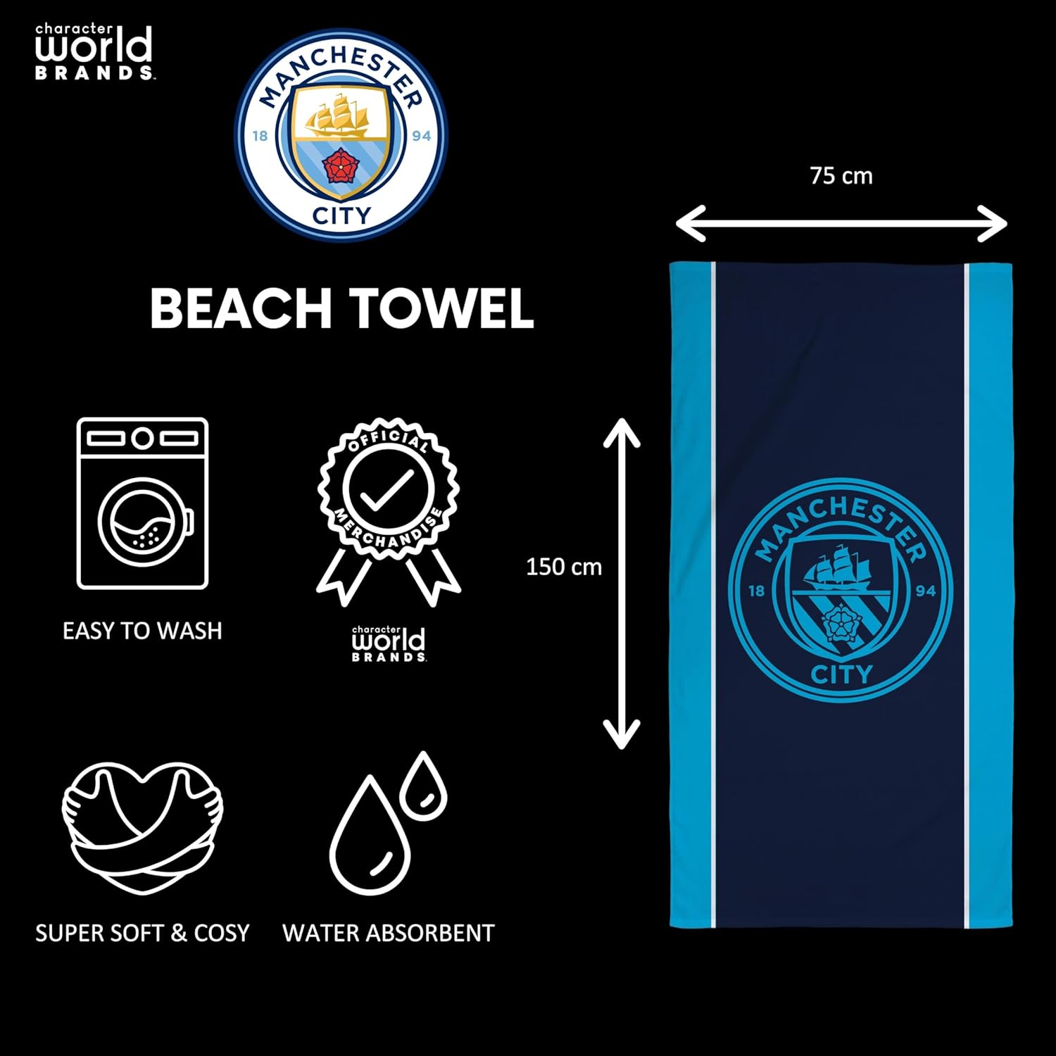 Character World Manchester City FC Official Towel | Super Soft Feel, Badge Football Club Design | Perfect The Home, Bath, Beach & Swimming Pool | One Size 75cm x 150cm | 100% Cotton