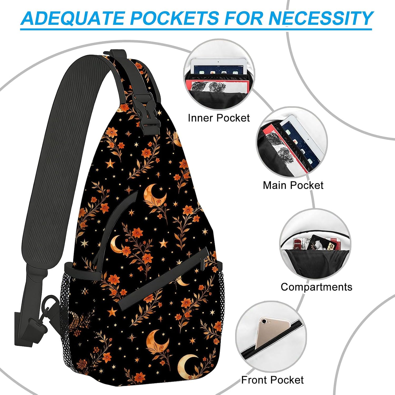 Pattern Sling Bag for Women Men, Moon And Floral Pattern Crossbody Backpack Lightweight Shoulder Bag, Small Hiking Daypack Chest Bag for Travel, Walking & Biking (Adjustable Reversible Strap) image 3