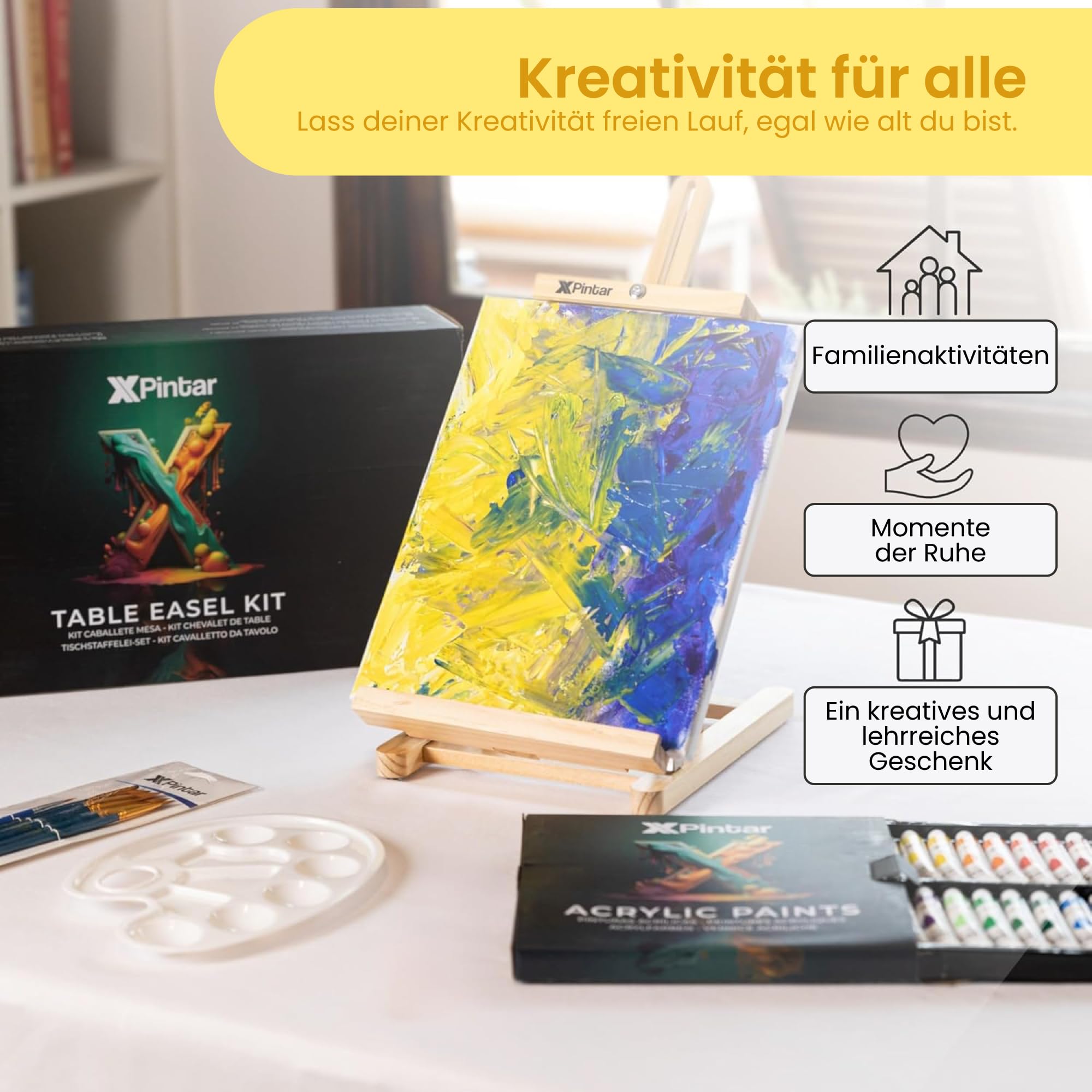 Acrylfarben-Set, 33-teilig, mit Staffelei aus Holz, 24 Tuben mit Acrylfarben, lebendige Farben, 12 ml, mit Leinwand zum Bemalen von 24 x 30 cm, plus 6 Pinsel und Palette