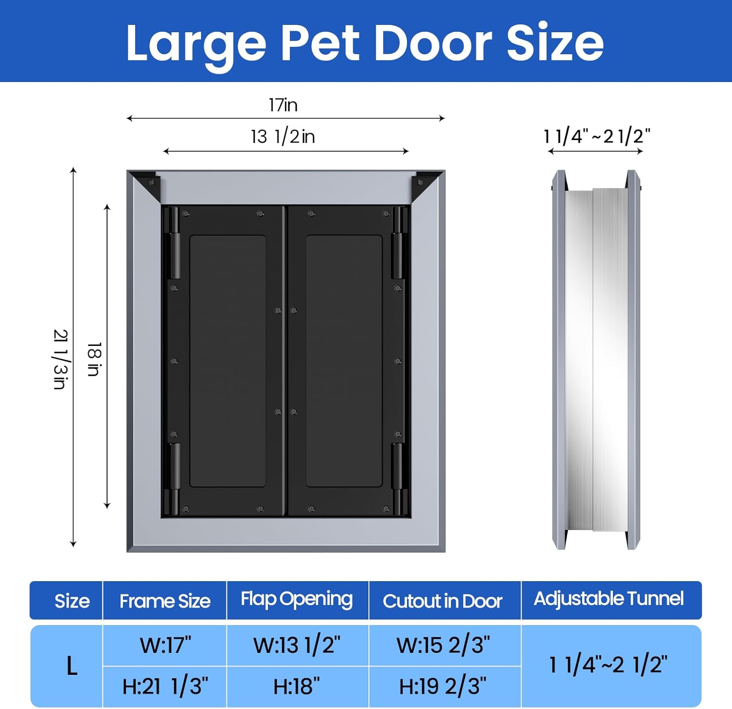 Aluminum Dog Door,French Style with Magnetic Flaps,with Aluminum Telescoping Tunnel Heavy-Duty Dog Door for Large and Medium Doggy Up to 110LBS (Large,Smoky Gray)