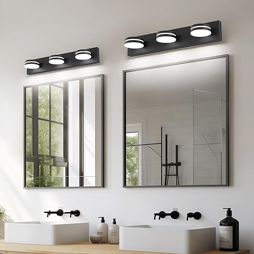 Miniatura 6 de Lámpara de tocador de baño de 3 luces (24 pulgadas regulable) negro mate, accesorios de iluminación LED modernos de pared de baño con cabezal de