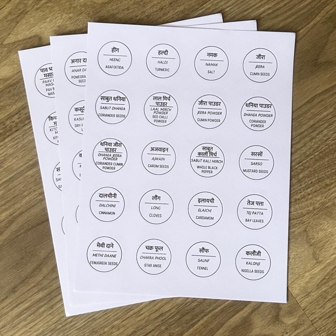136 Printed Indian Hindi Bilingual Plus 40 Blank Kitchen Pantry Labels, Minimalist, Waterproof, Dishwasher-Safe, Easy to Remove and Re-Stick
