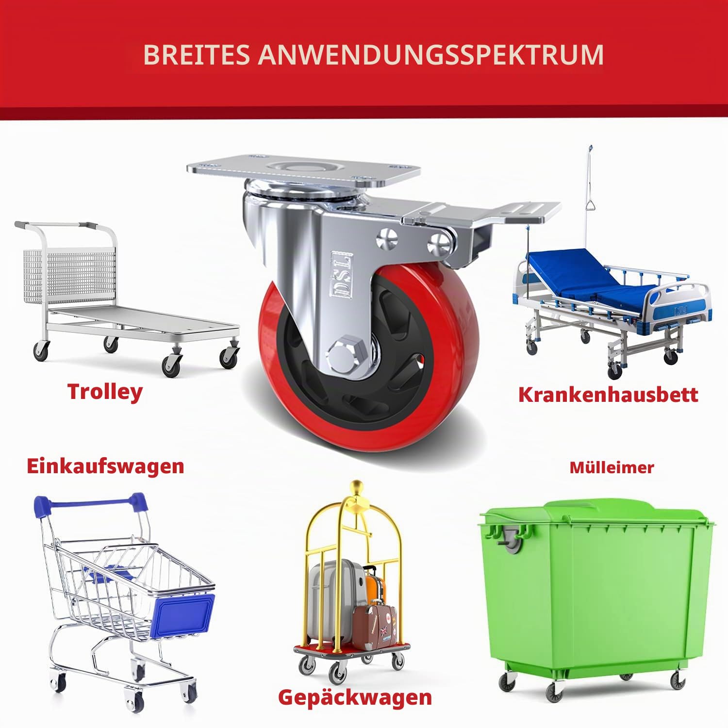 4 x Heavy Duty doppelt Kugellager gebremste Lenkrolle 100 mm Gummi Rad Trolley Caster 700 kg gratis Armatur (100mm (4'') - 4 x Brakes)