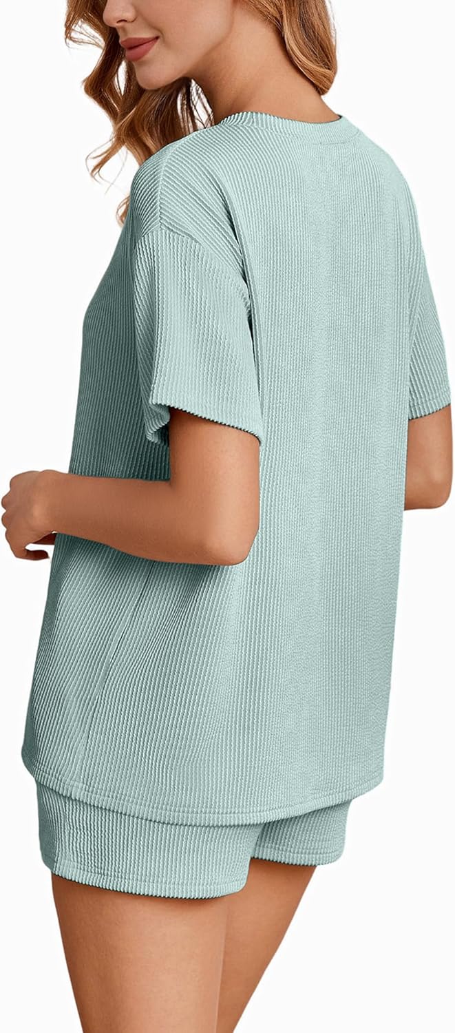 Ekouaer Short Sets for Women 2 Piece Outfits Summer Loose Lounge Set Ribbed Textured Knit Short Sleeve - Image 4