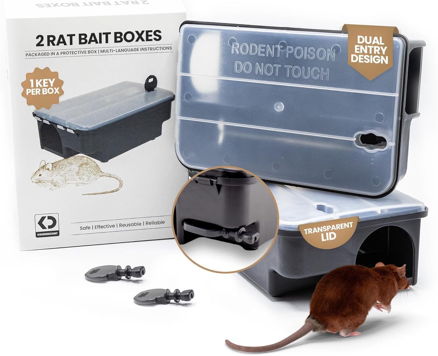 Köder-Discount 2 x Rat & Mouse Bait Station Box – Lockable Tamper-Resistant, Weatherproof, Clear Lid, Dual Entry – Indoor & Outdoor - Bait Not Included