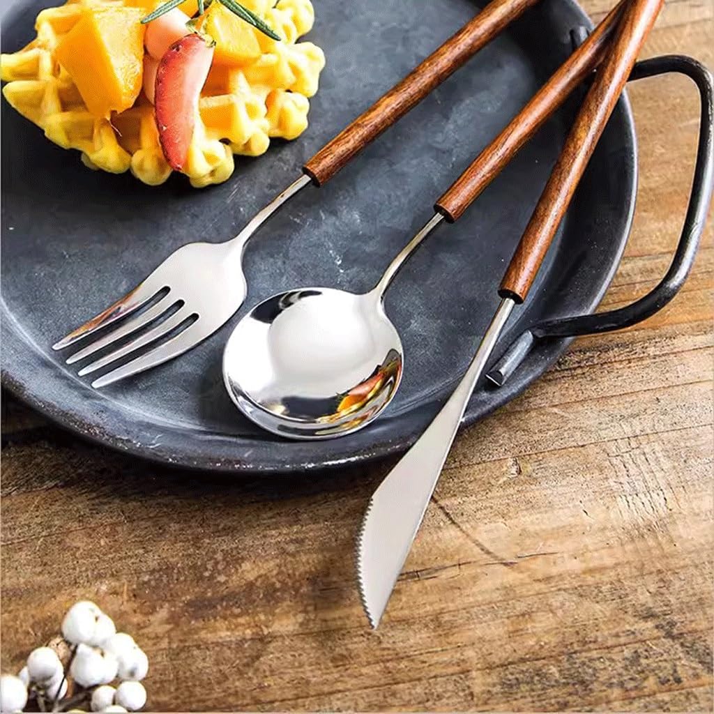 Cuillère à Long Manche Dessert - Cuillère Acier Inoxydable Avec Fourchette Manche Bois Vaisselle Cuisine