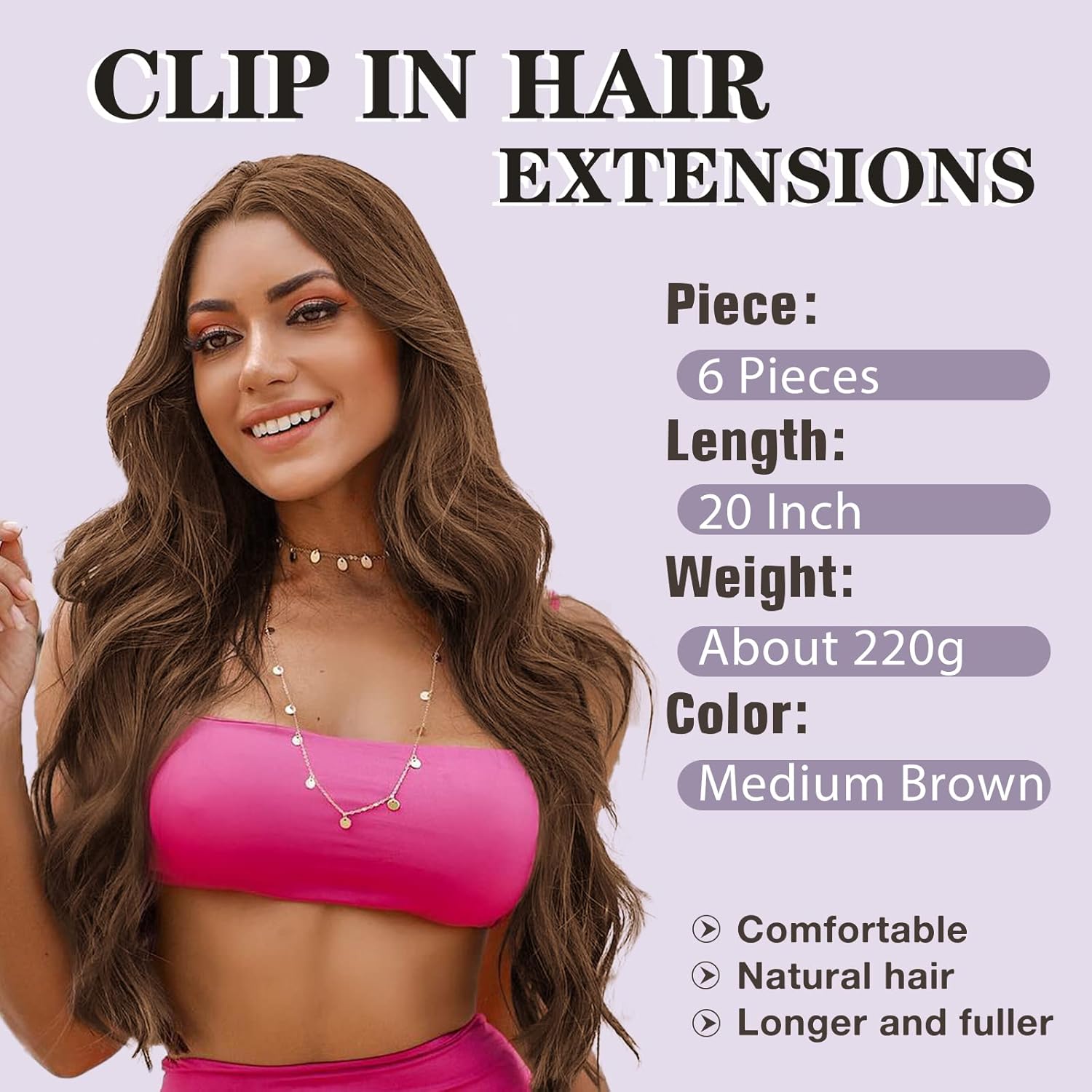 NAYOO Clip in Hair Extensions for Women 20 Inch Long Wavy Curly Medium Brown Hairpieces Full Head Synthetic Hair Hairpieces (6PCS,Medium Brown)