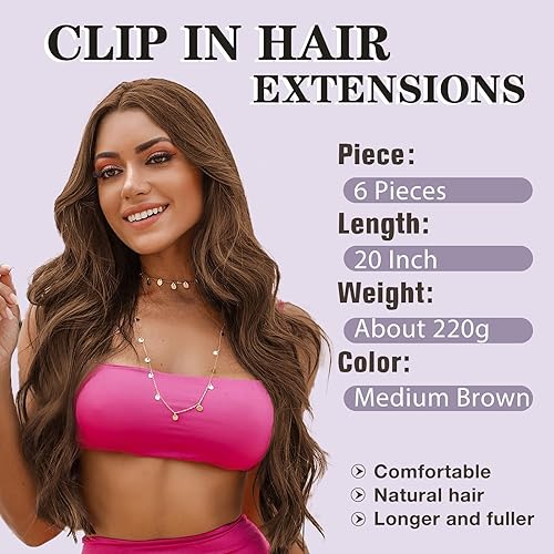 Miniatura 2 de NAYOO Extensiones de cabello con clip, de 20 pulgadas, largo, ondulado, rizado, marrón medio, extensión de cabello sintético de cabeza completa (6
