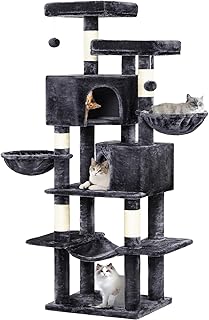 Kratzbaum für Große Katzen 180 cm hoch, Katzenbaum mit 2 Höhlen, 3 Liegemulden, 2 Aussichtsplattformen, Sisal Seil Kratzsäulen, viele Plüschbälle (dunkelgrau) product image