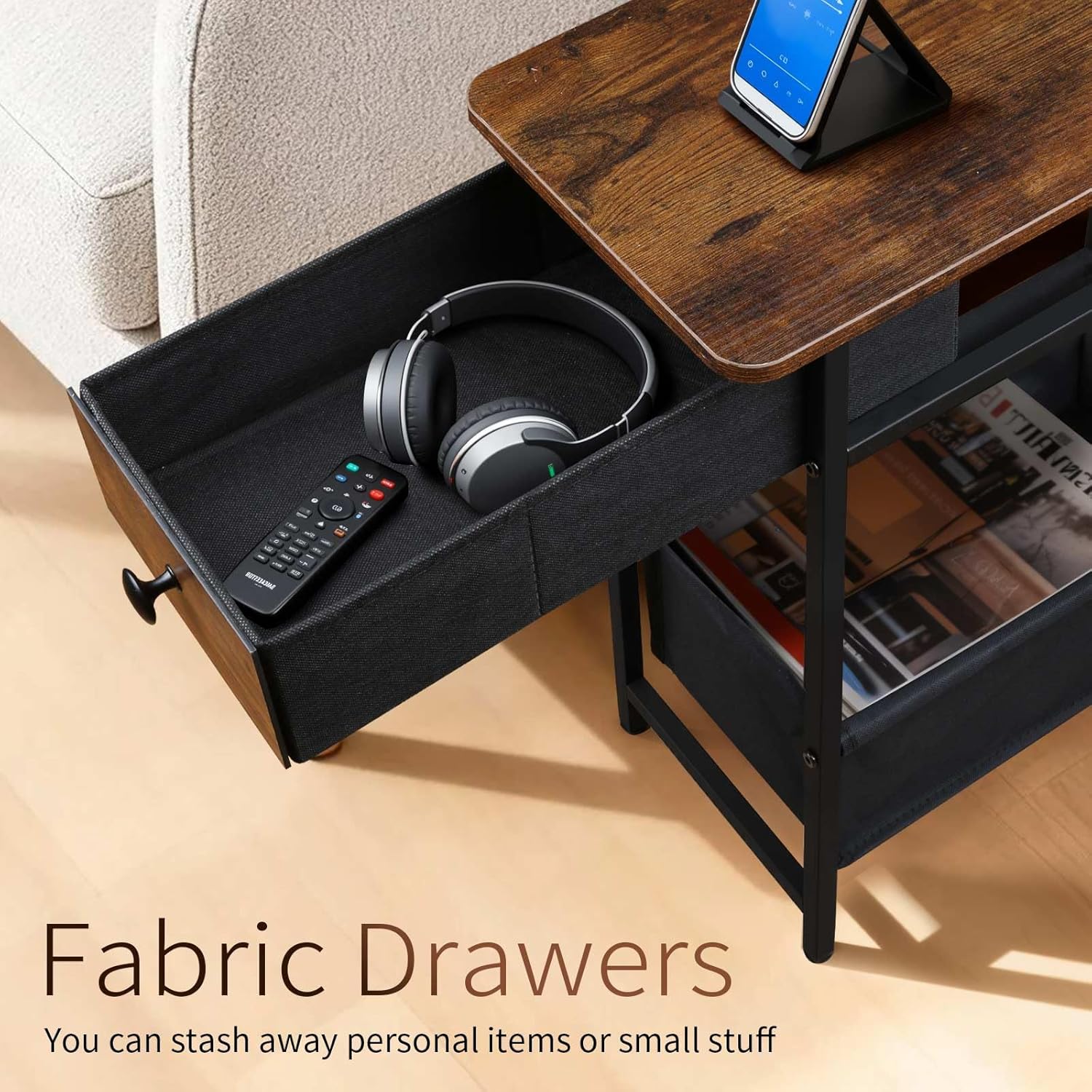 Long Narrow End Tables Set of 2 with Charging Station, Slim Nightstand with Drawer and Fabric Basket, Skinny Side Table for Living Room, Bedroom, Small Spaces, Rustic Brown