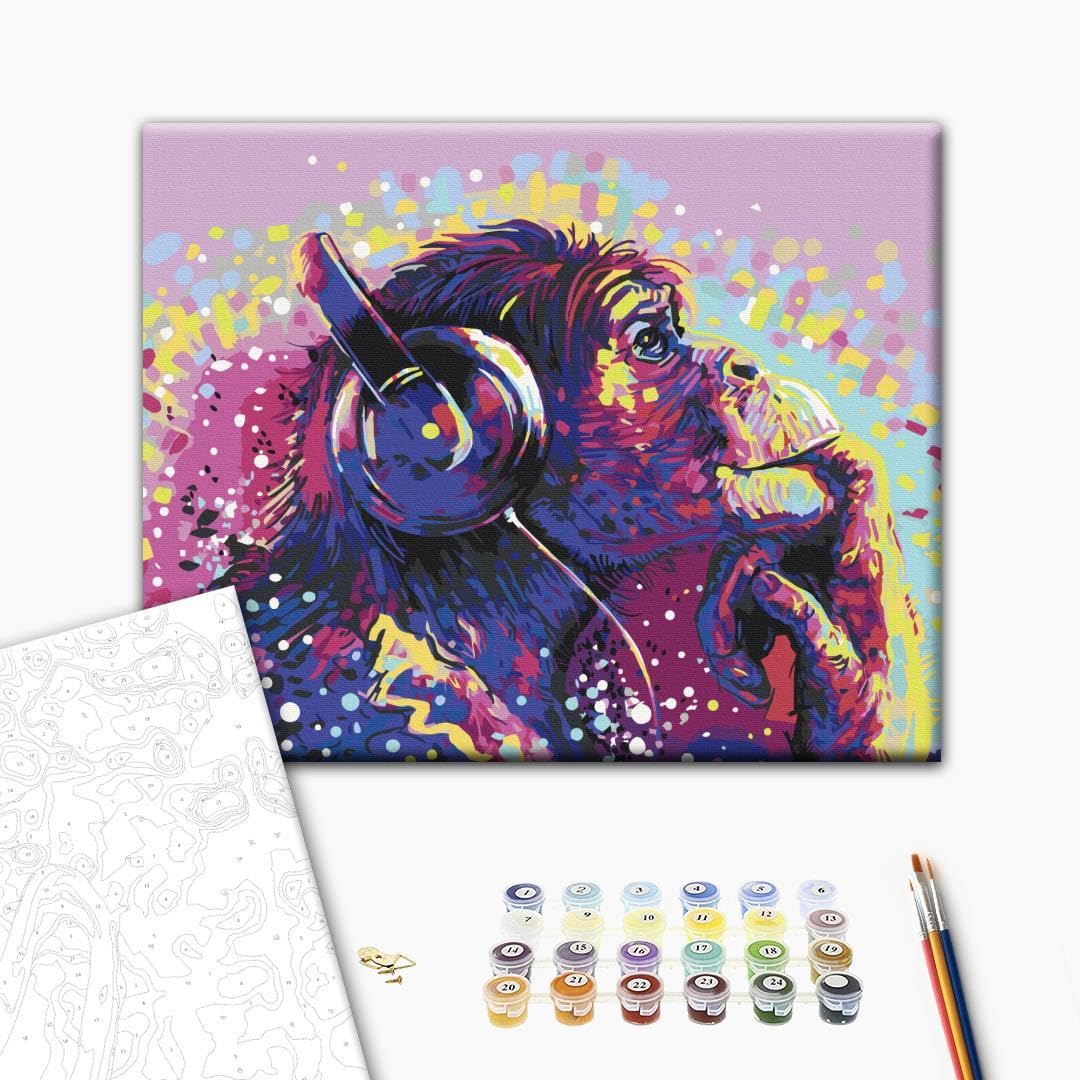 murando - Malen nach Zahlen DJ Schimpanse Tier Musik Music bunt, 50x40 cm | Malset mit Holzrahmen, ideal für Erwachsene und Kinder, entspannendes Hobby, entspannend, hochwertig, langlebig, kreativ