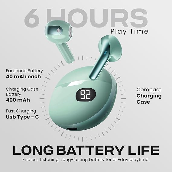 Gabba Goods Wireless Earbuds, Bluetooth 5.4 in-Ear Headphones, Smart LED Power Display, Touch Controls, Comfortable Earphones, 12H Battery Life, for Phone/PC/Gym/Home/Travel (Mint)