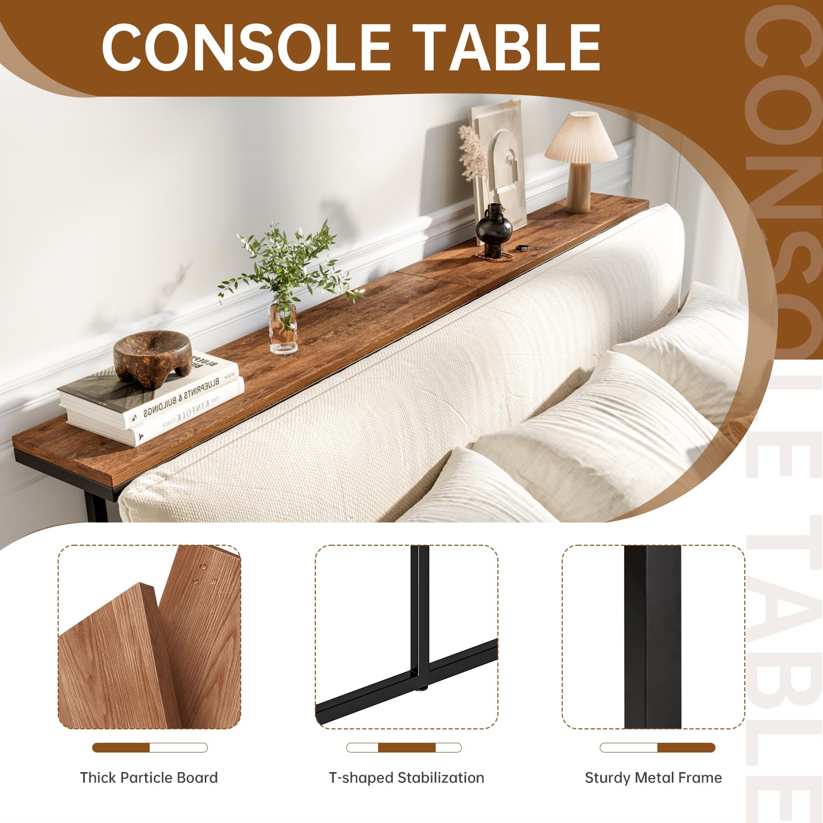 Consola de mesa industrial (180 cm, largo y estrecho para sofá, mesa de entrada, pasillo y salón, resistente, estable y fácil de montar