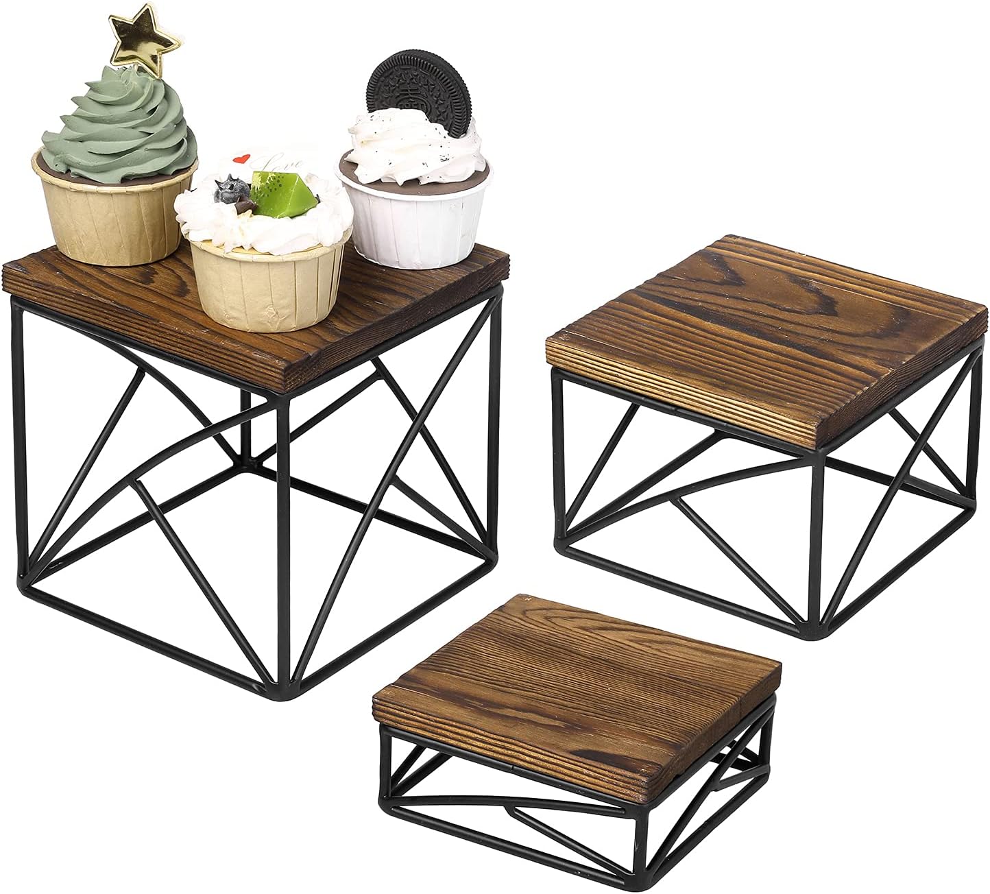 MyGift Modern Tabletop Square Dessert Stand Risers, Cake and Appetizer Display Nesting Pedestals with Rustic Brown Wood Top Shelf and Metal Wire Base, Set of 3