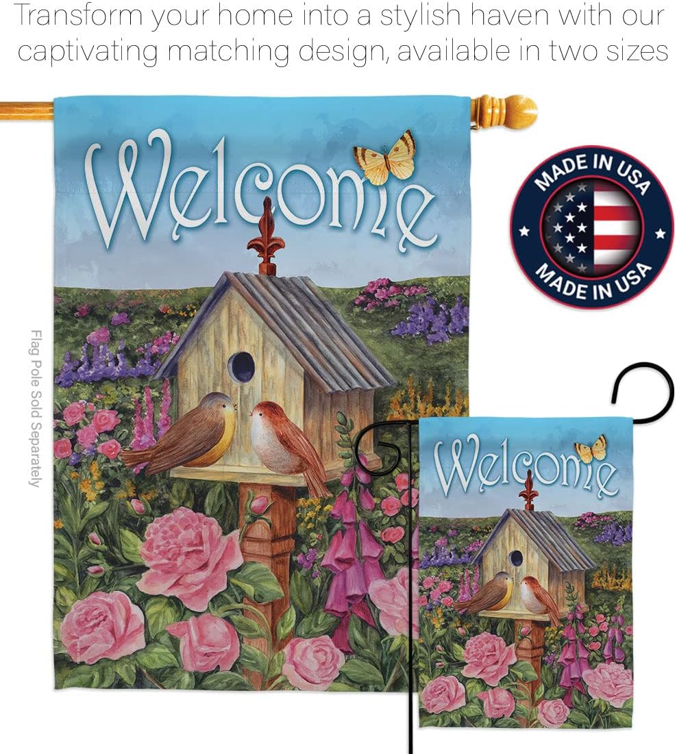 Breeze Decor Welcome Bird House Garden Flag Set Wood Dowel Animals Flamingo Hummingbird Cardinal Peacock Springtime Natural Wildlife Decoration Banner Small Yard Gift Double-Sided, Made in USA