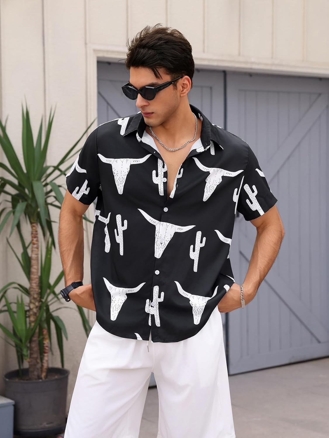 WDIRARA Men's Cow Print Button Front Summer Casual Shirts Colorblock Short Sleeve Collared Neck Shirts - Image 4