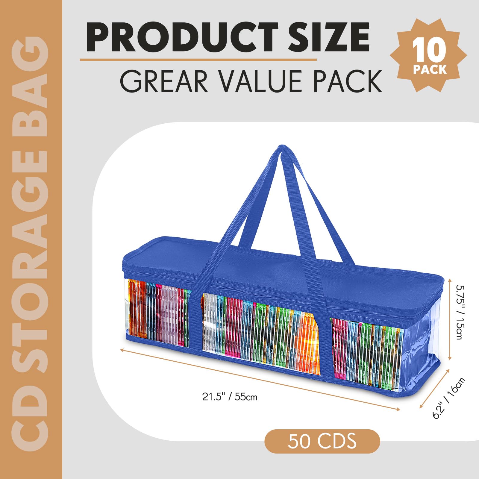Woanger 10 custodie trasparenti in PVC per CD, DVD, resistenti all'acqua, con manici e cerniera, organizer trasparente per album e videogiochi, colore: blu
