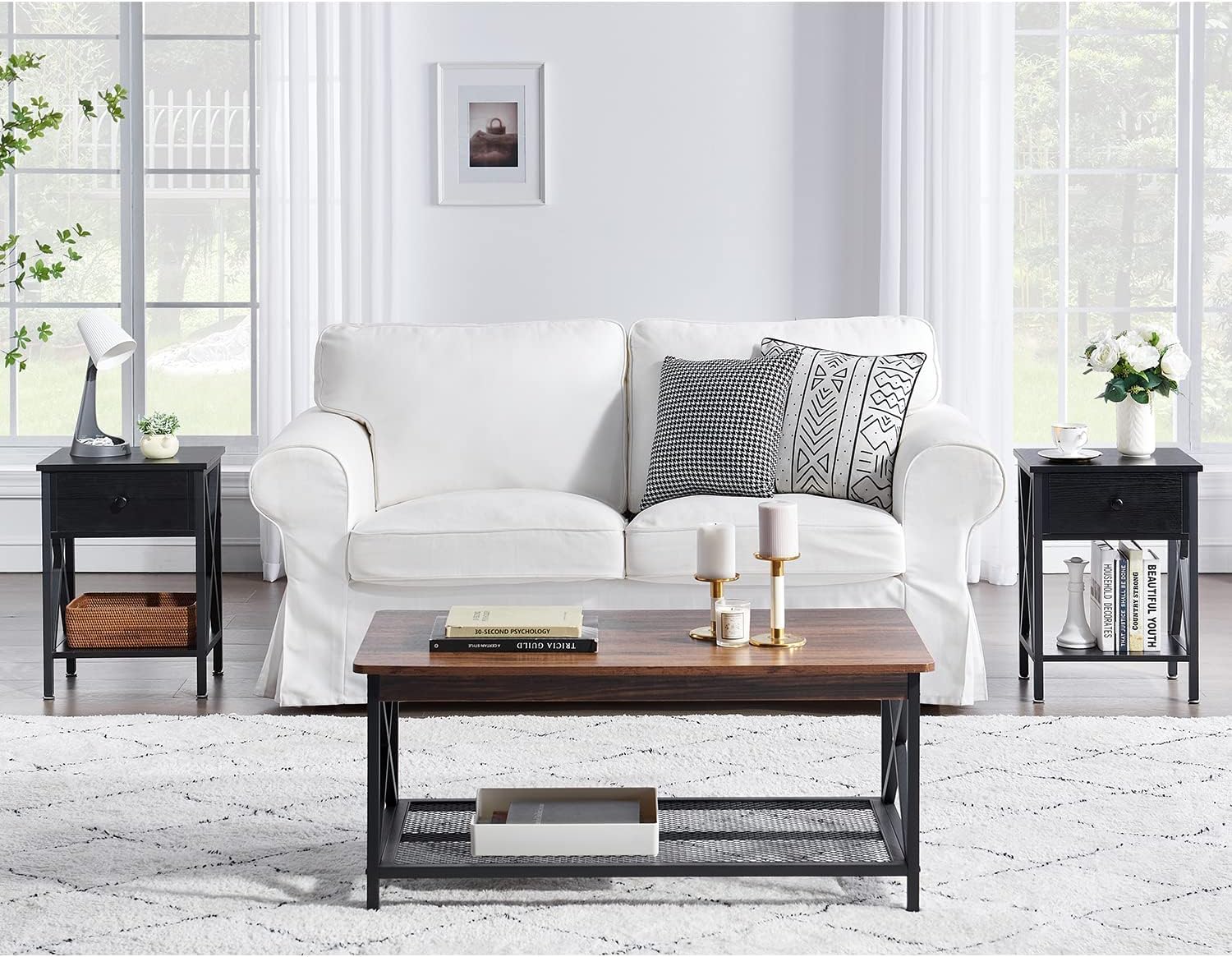 VECELO Nightstand Modern Side End Tables Night Stand with Bin Drawer for Living Room Bedroom, Set of 2, Industrial Metal Frame, Nightstands, Vintage Black : Home & Kitchen