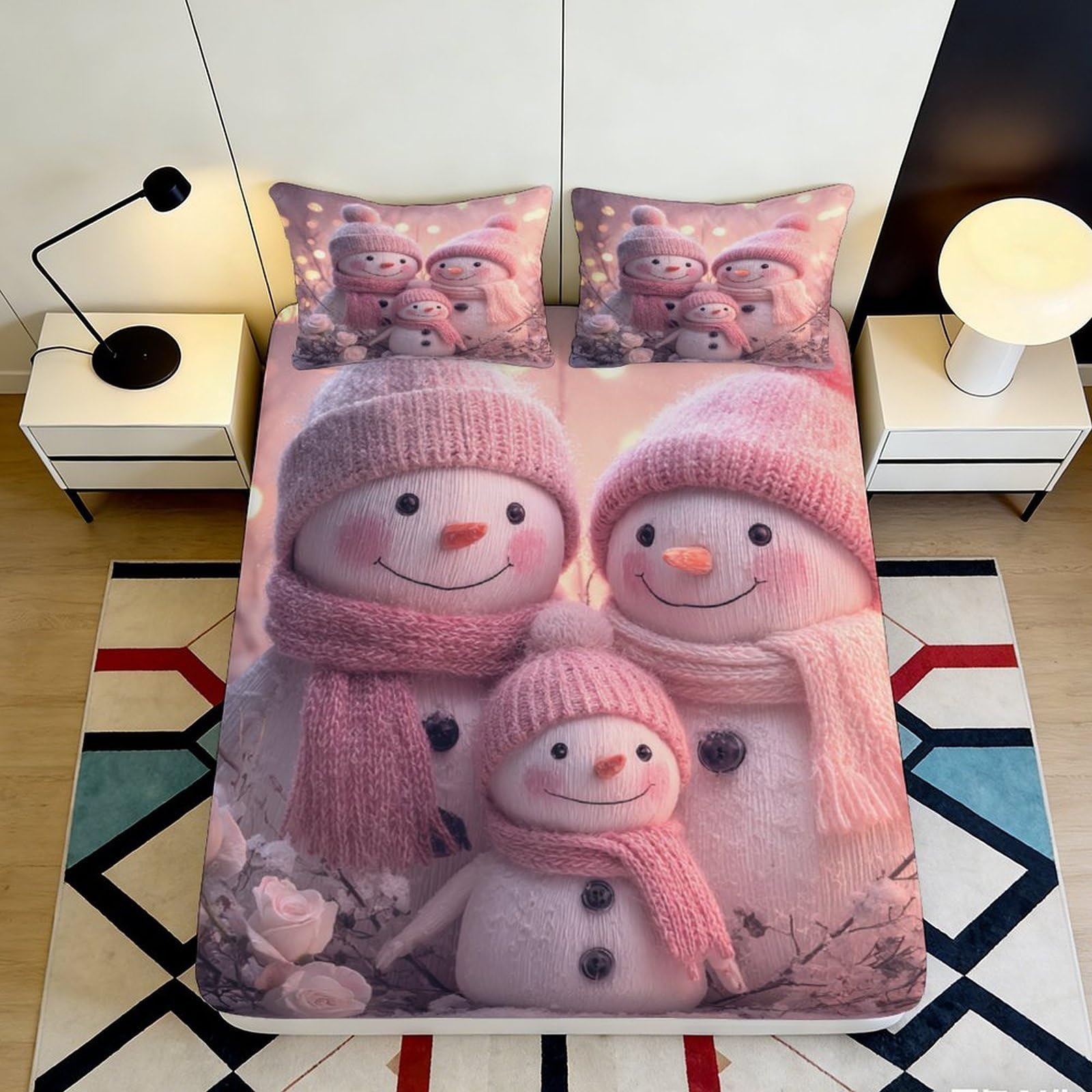 3D Printed Snowman Fitted Sheet Microfiber Deep Pocket Bedroom Bedding Snowman Mattress Fitted Cover Washable Non-Slip 200x200x25cm 90x200x25cm