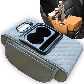 Multifunctional PU Leather Car Armrest Box Mat, 5-in-1 Multifunctional Car Armrest Cushion, Center Console Cover with 2 Cup Holder, For Storing Tissues, Phones, Wallets, Drinks, for Most Cars Gray