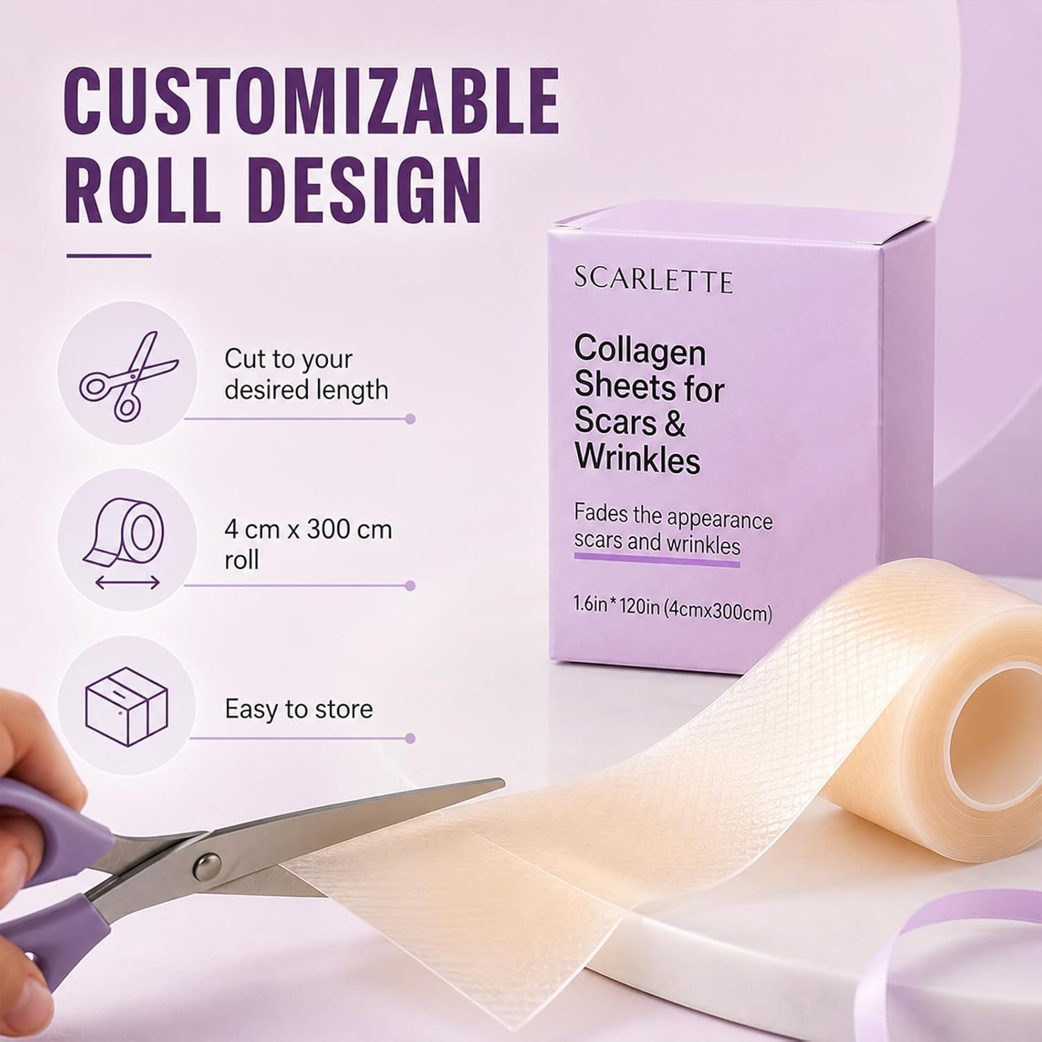 Scarlette Collagen Tape, Silicone Scar Tape, 1.6”x 120" Roll (1PCS) | Scarlette Collagen Sheets For Scars & Wrinkle, For Various Different Scars And Wrinkles