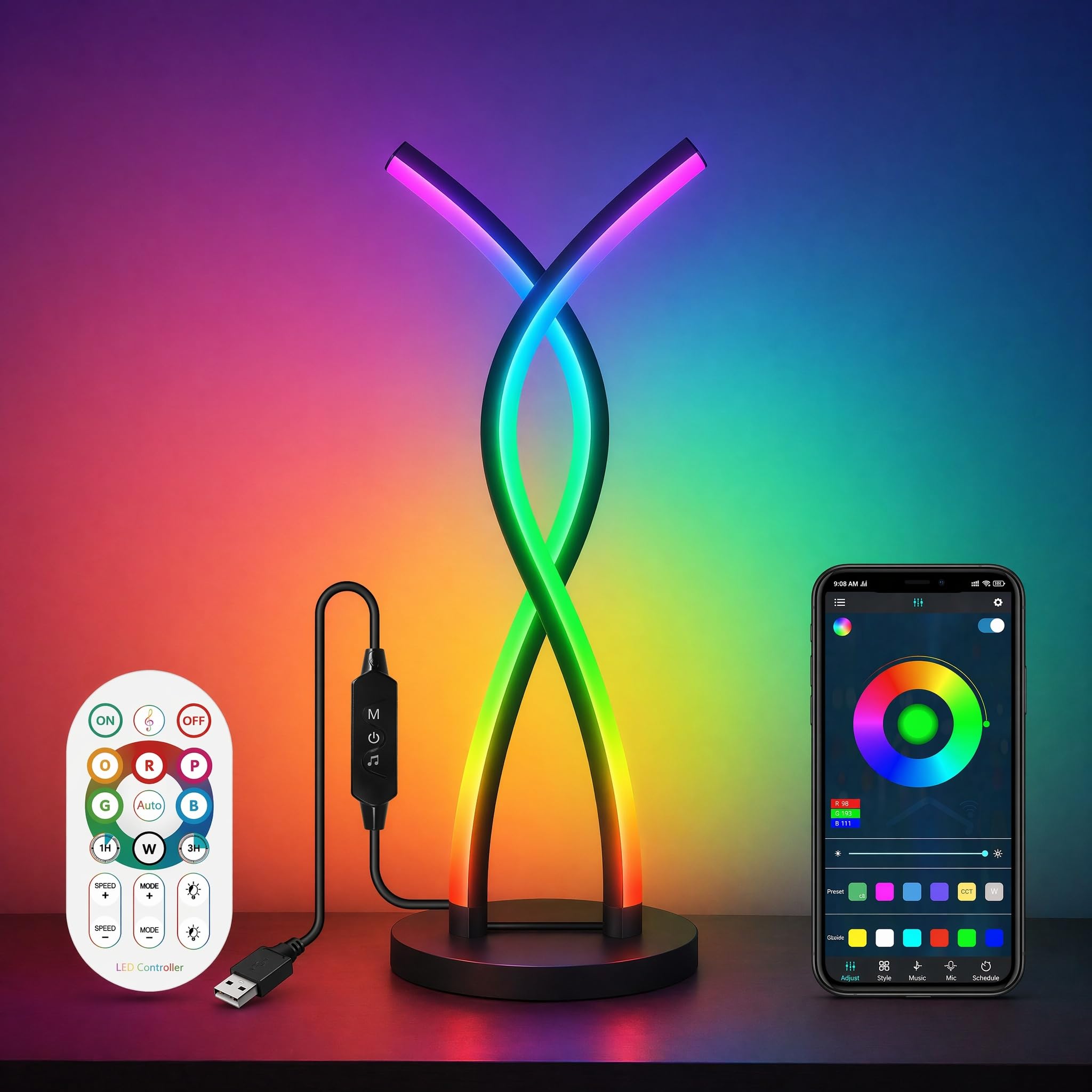 Lampada da tavolo moderna a LED a spirale, lampada da tavolo intelligente RGB con sincronizzazione musicale e controllo app, luce notturna che cambia colore fai da te, design unico USB 5 V, per