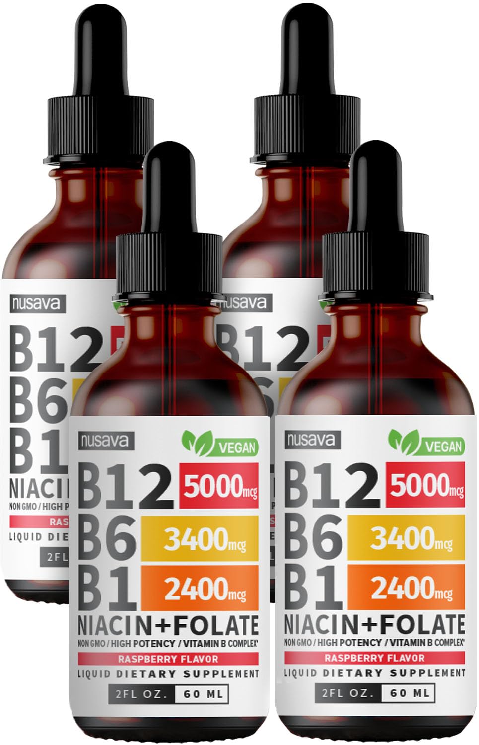(4 Pack) Vitamin B12 and B6 Liquid Drops, B12 Sublingual Vitamin B Complex - B 12 Vitamin 5000mcg - B12 Methylcobalamin for Energy, Brain, and Heart Support with 27,200 mcg, Raspberry, 80 Servings