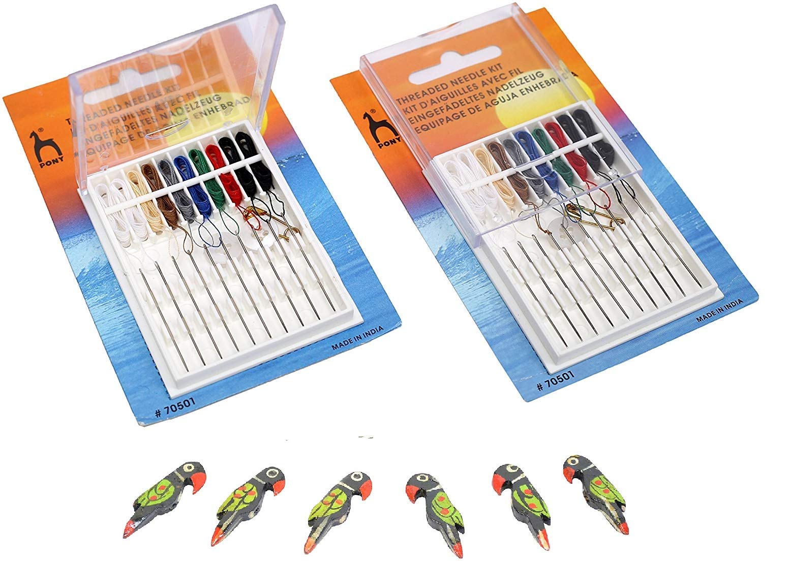 VARDHMAN Pony Multi Utility Threaded Needle Kit, Includes 10 Needles, 2 Buttons, 1 Safety Pin, in A Plastic Box, Set of 2 Boxes with 5 Wooden Parrots-image-42