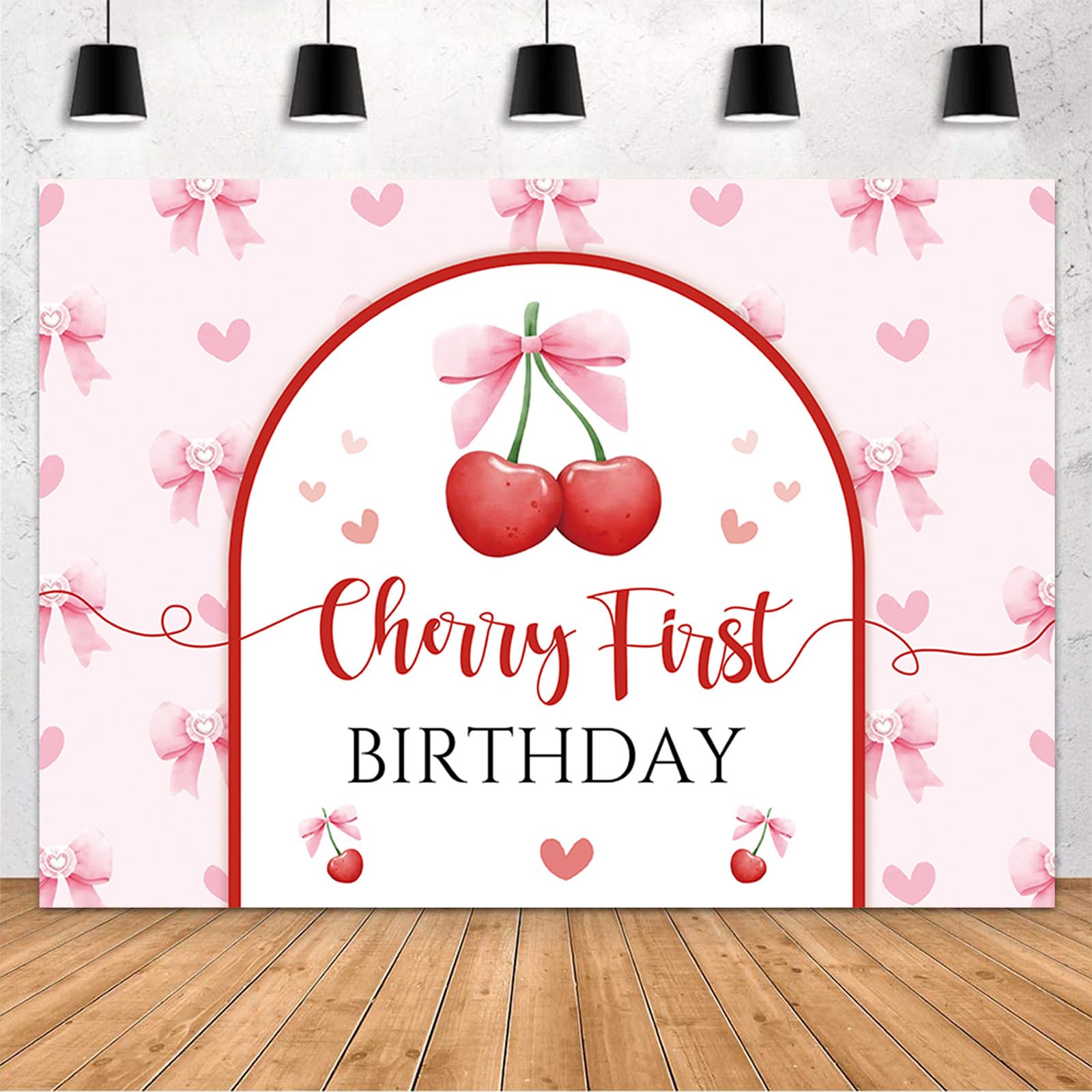 MEHOFOND 7x5ft Cherry First Birthday Backdrop for Girl Pink Cherry Themed Happy Birthday Photography Background Coquette Bow Cherry Sweet One Party
