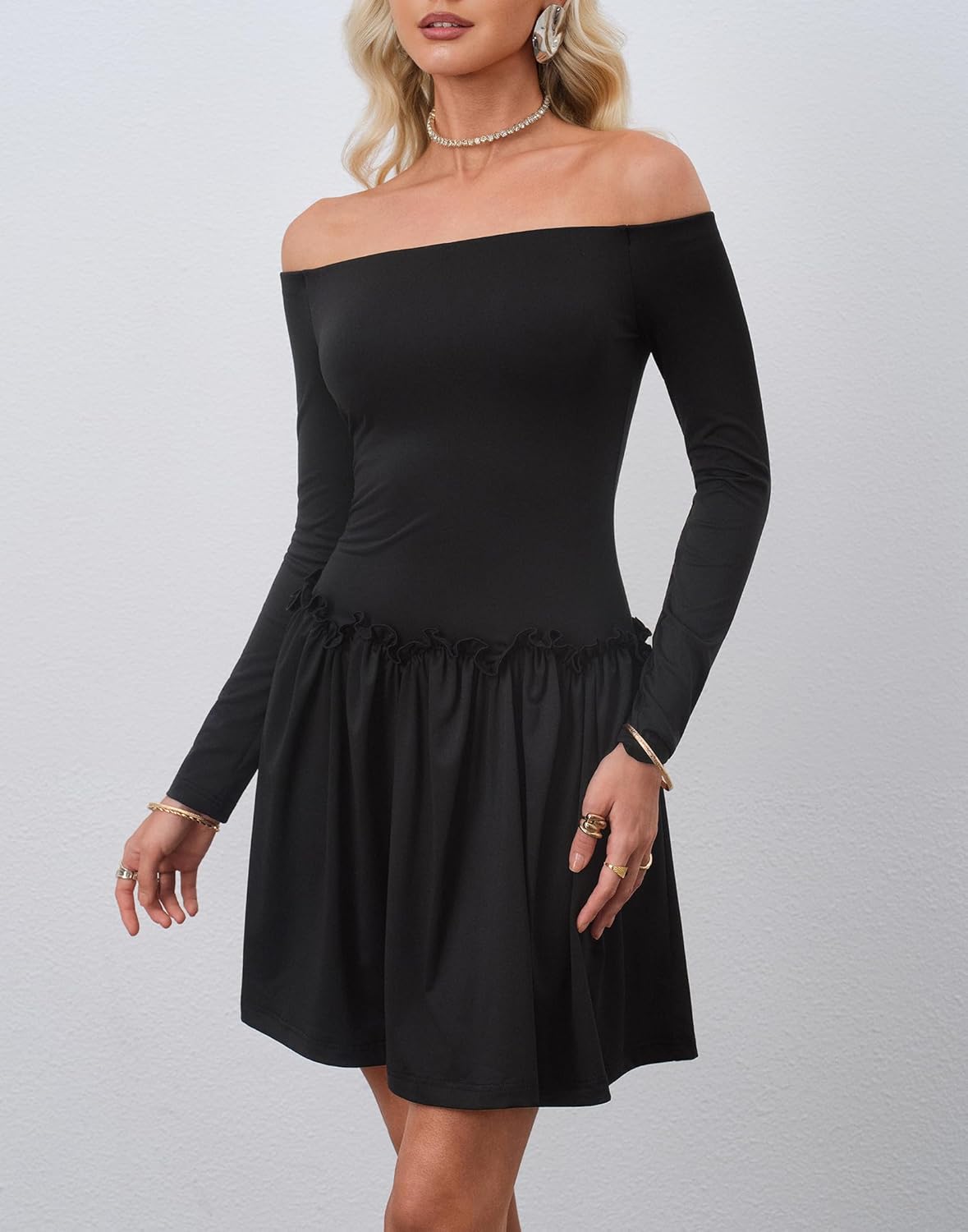 HYPERFIRE Women's Long Sleeve Off The Shoulder Mini Dress Drop Waist Short Party Dresses - Image 3