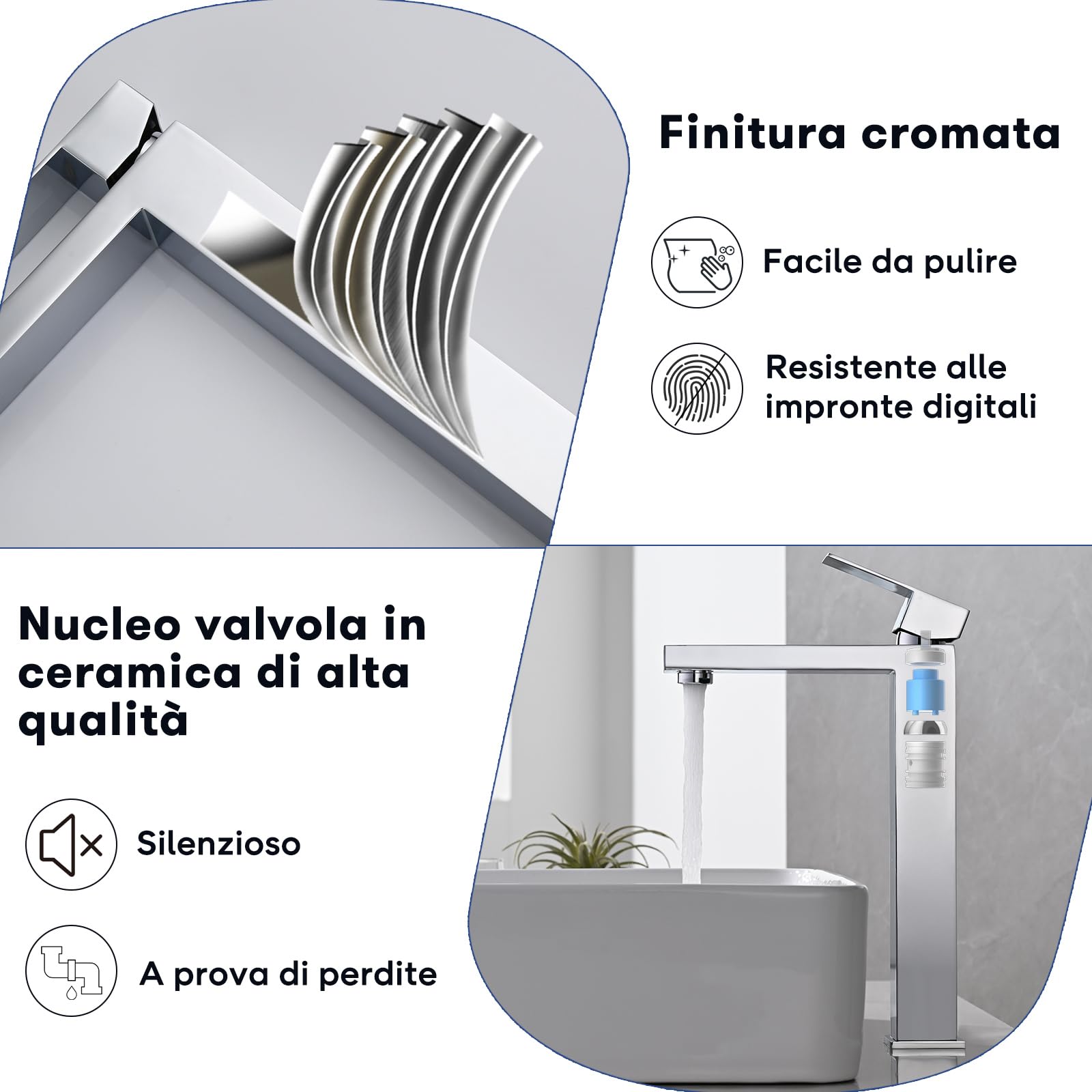 Rubinetto da Bagno Cromato, Miscelatore Lavabo Alto, Rubinetto Lavabo per Bagno, Miscelatore Acqua Calda e Fredda Regolabile, Acciaio Inossidabile (Argento)