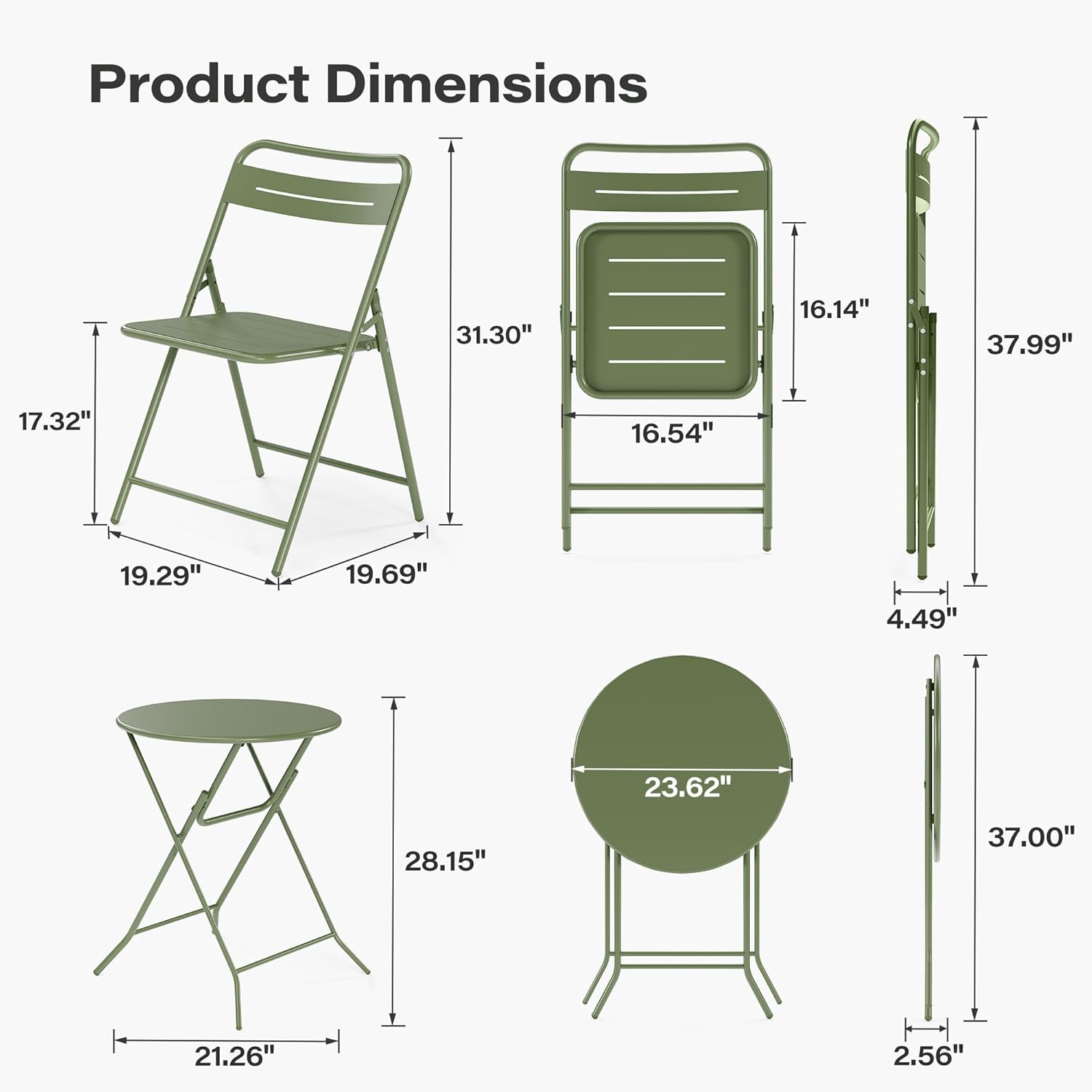 LAUSAINT HOME 3-Piece Steel Folding Bistro Set, Premium Weather-Resistant Patio Table & 2 Chairs for Balcony, Garden, Yard, Poolside & Indoor (Round, Green)