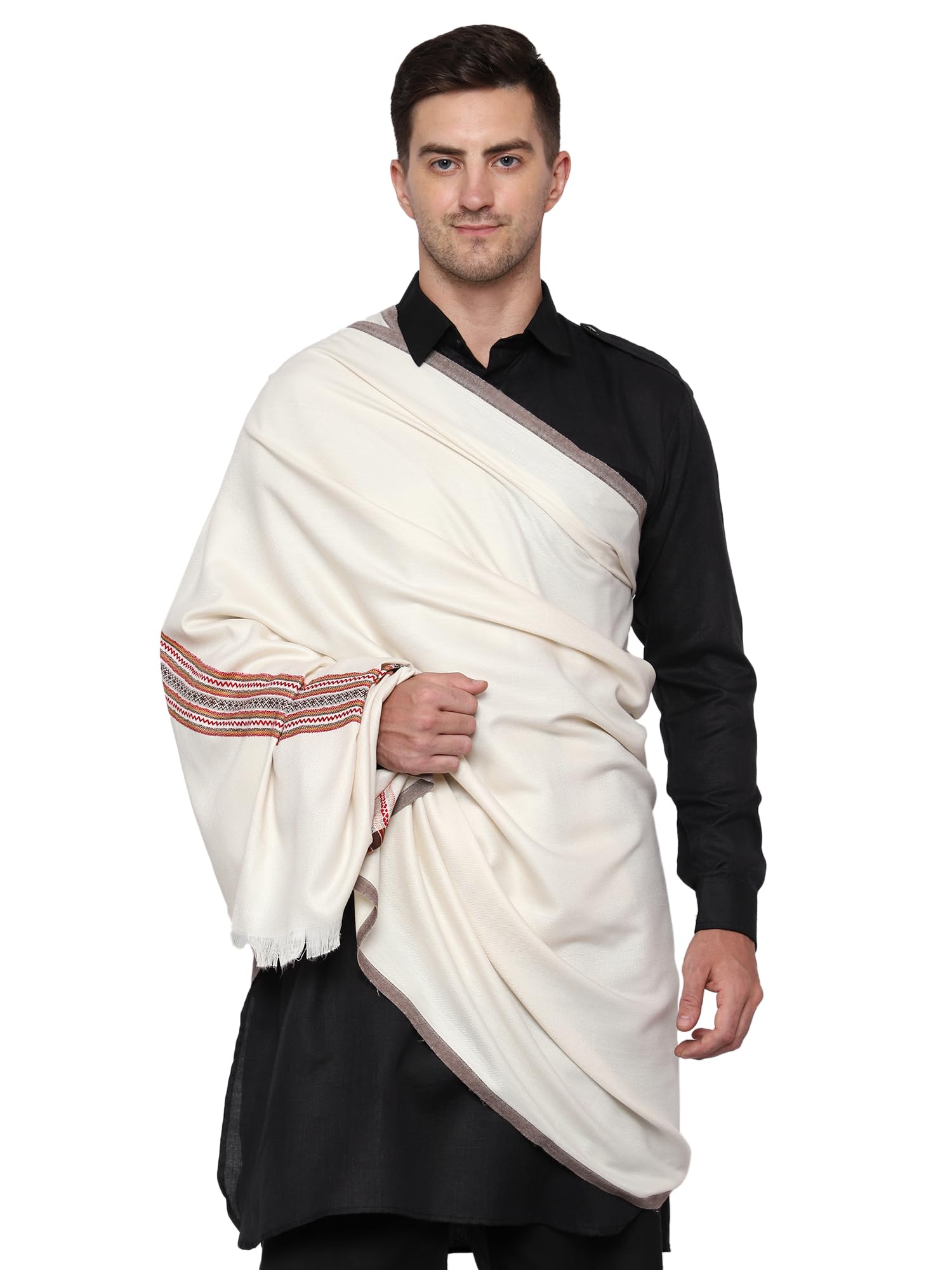 Weavers Villa Men's Woven Check Border White Woollen Lohi/Shawl, 115Cm X 225Cm