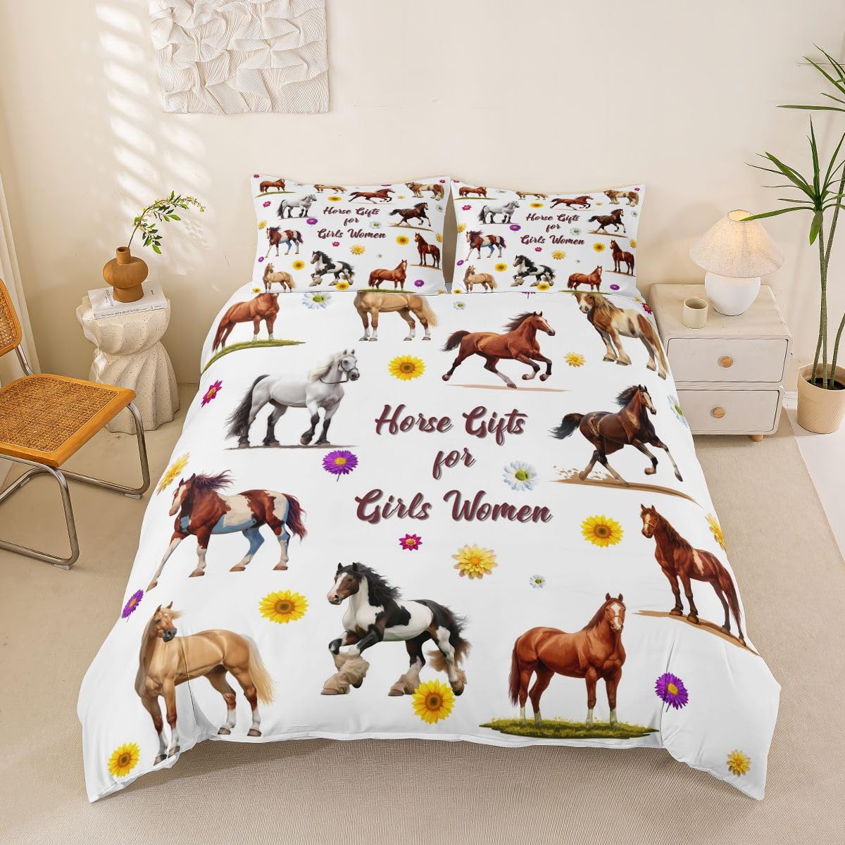 Homemissing Cute Horse Duvet Cover Set King Size for Kids Boys Girls Daisy Horse Bedding Set Farm Animals Flower Duvet Cover with 2 Pillowcases Horseshoe Bedding — image 1