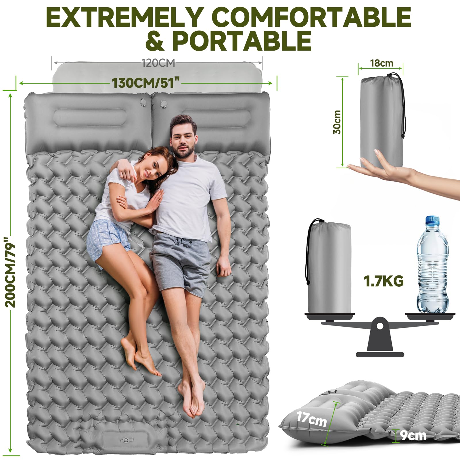 Matelas de Camping Autogonflant Double pour 2 Personnes 200x130 CM Ultraléger Tapis de Camping avec Oreiller Étanche Matelas Gonflables Unique Portable pour Voyage, Plage, la Randonnée