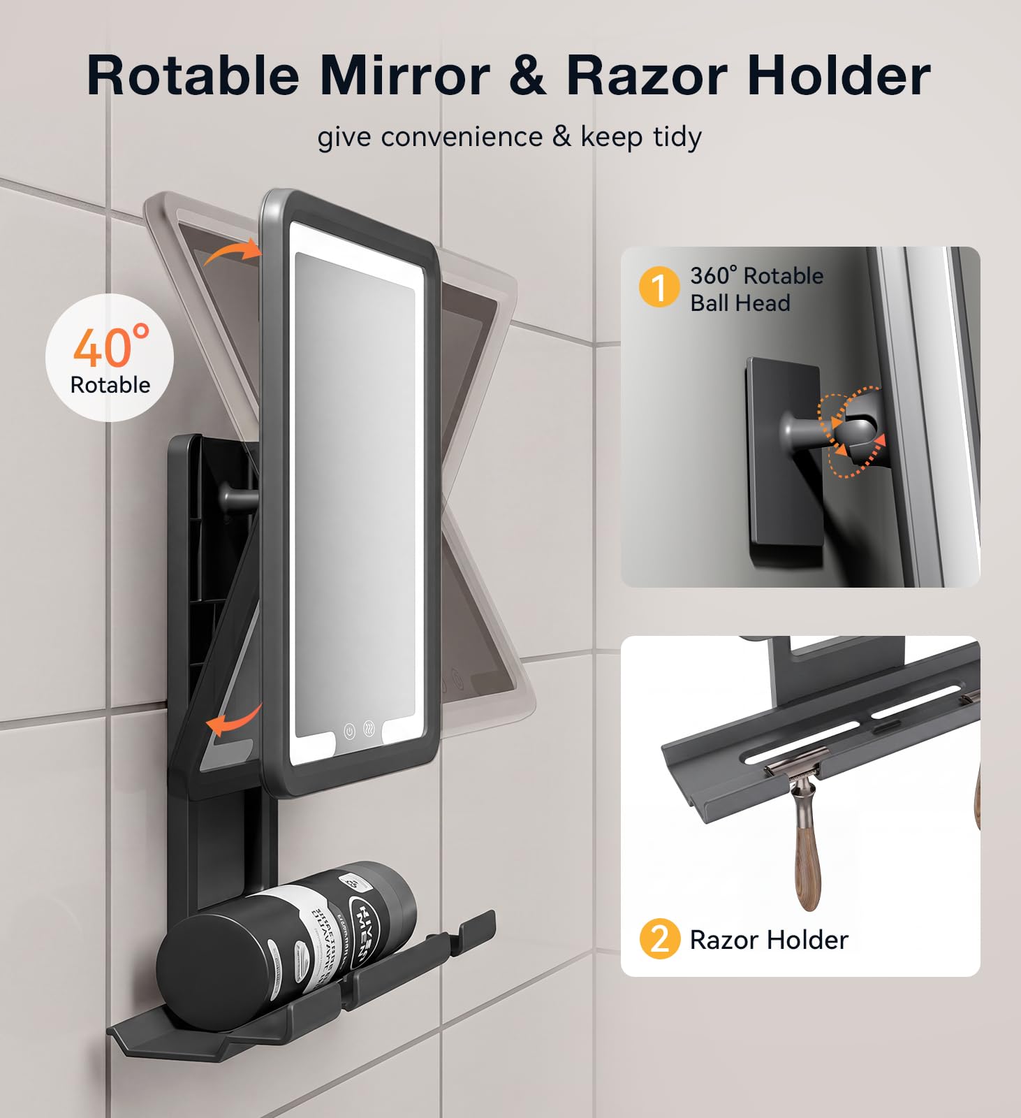 Black Rechargeable Heated Fogless Shower Mirror with LED Light
