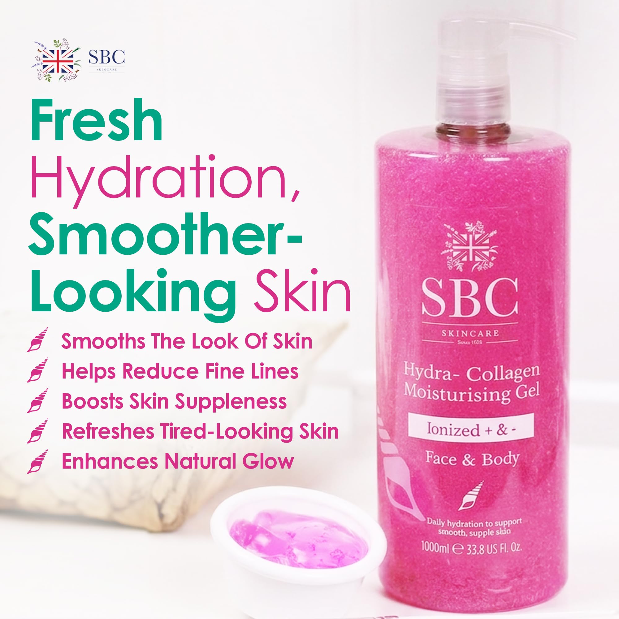 SBC Skincare - Gel Idratante Viso e Corpo Hydra-Collagen Moisturising - 1 Litro - Con Collagene Marino - Aiuta a Nascondere le Linee d'Espressione