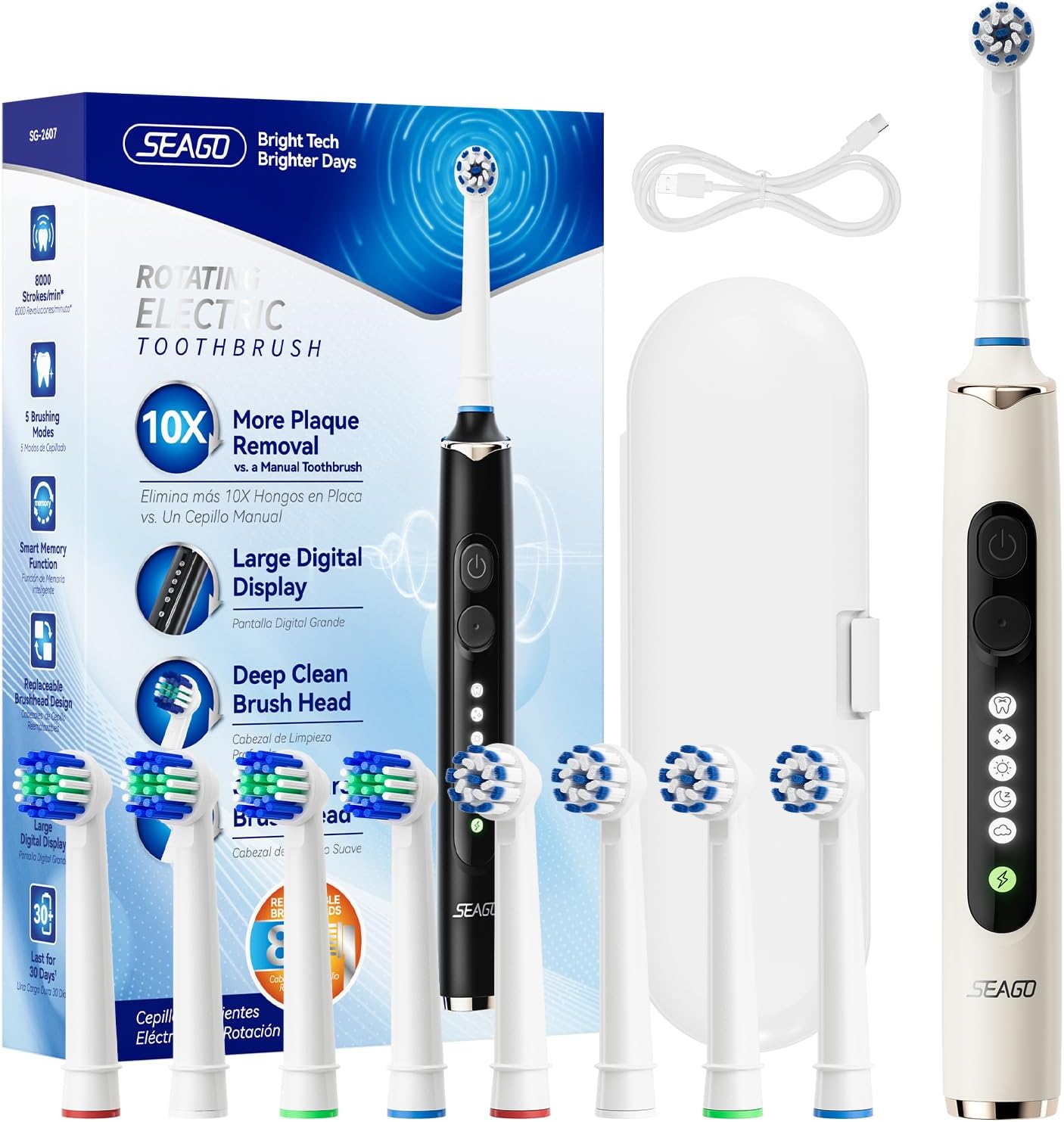 Seago SG2607 cepillo de dientes eléctrico rotativo beige con estuche de viaje y 8 cabezales