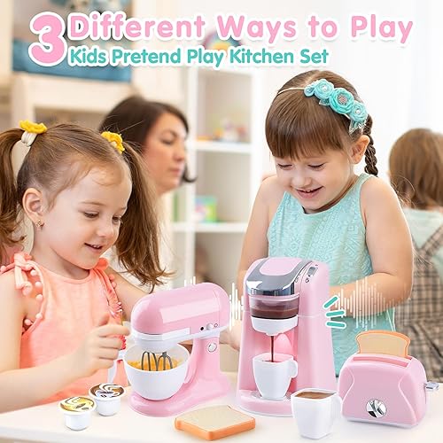 Miniatura 7 de Play Juguetes para electrodomésticos de cocina, horno de juguete, juegos de juguetes de simulación con cafetera, mezclador, tostadora con luces y