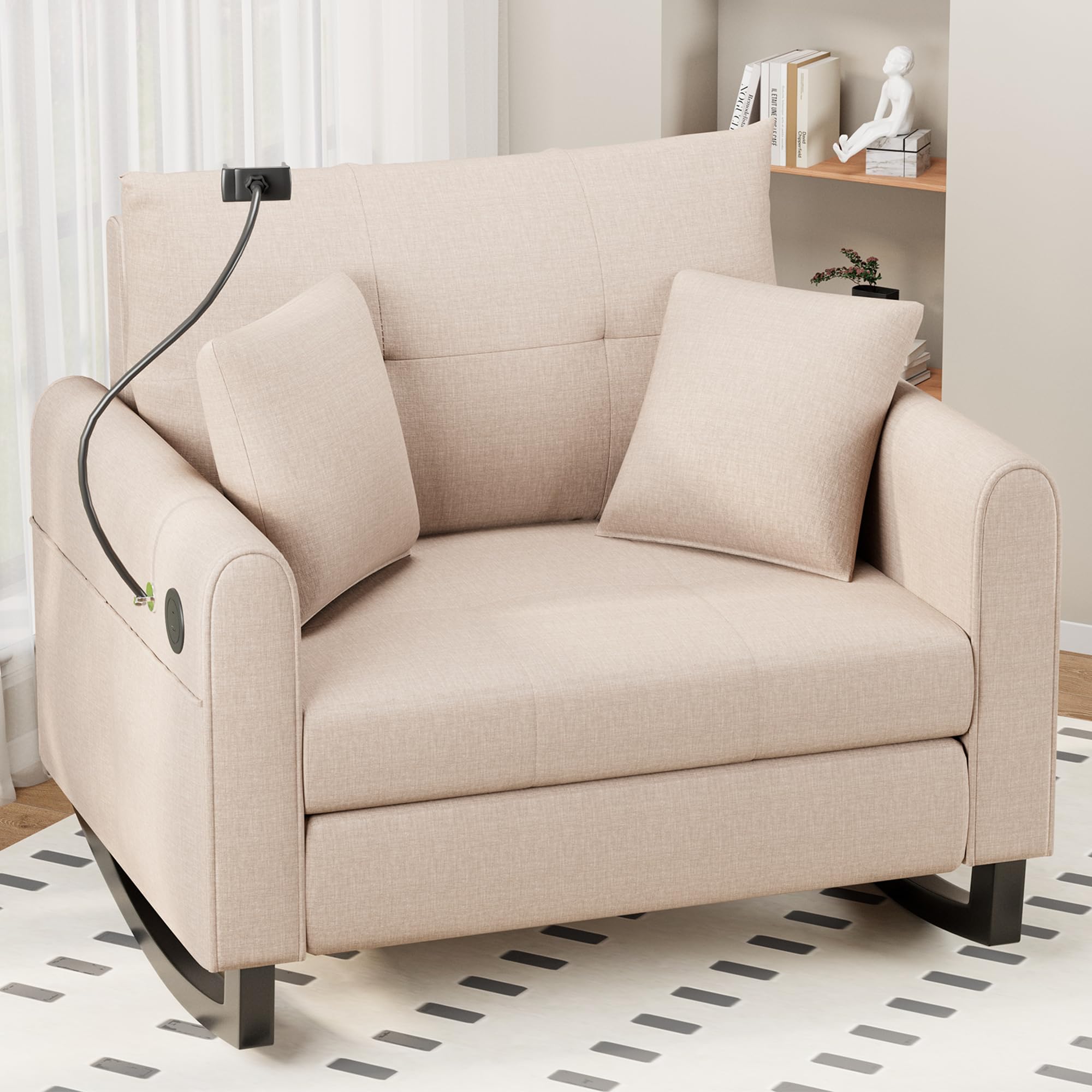 HOMREST Upholstered Oversize Rocking Chair with Adjustable Phone Handle, Nursery Rocking Chair with High Back and Side Pocket USB Port, Double Wide