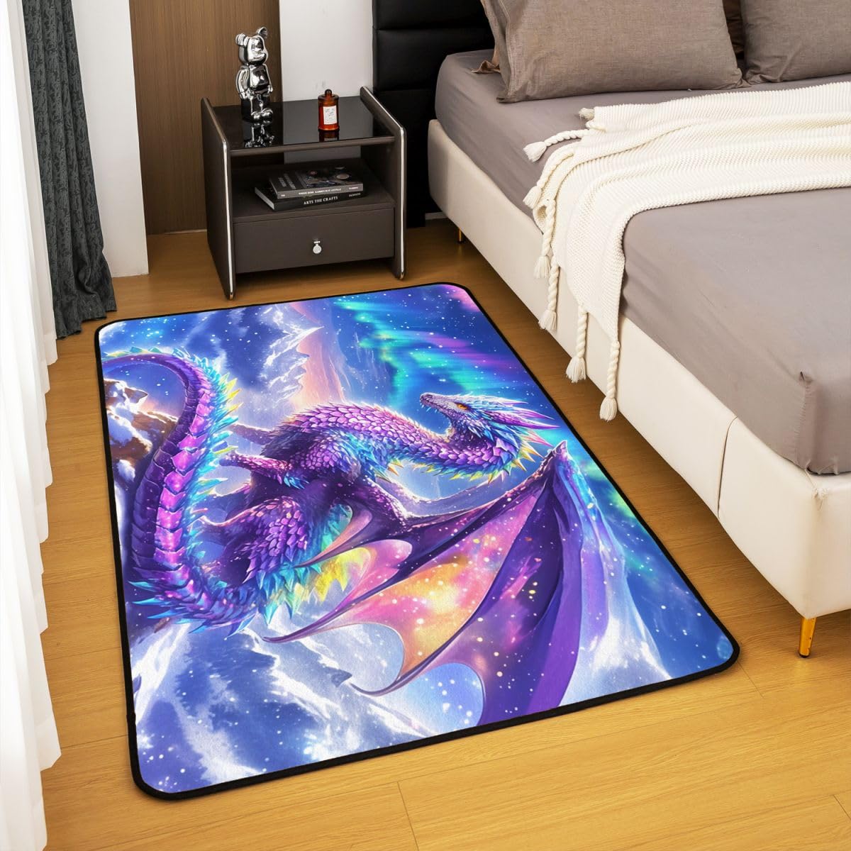Lila Drache Wohnzimmer Teppich 100x150cm Märchen westliches Tier Thema Schlafzimmerbereich Teppich für Kinder Teens Himmel Sternenberge Indoor Matte Heimdekor