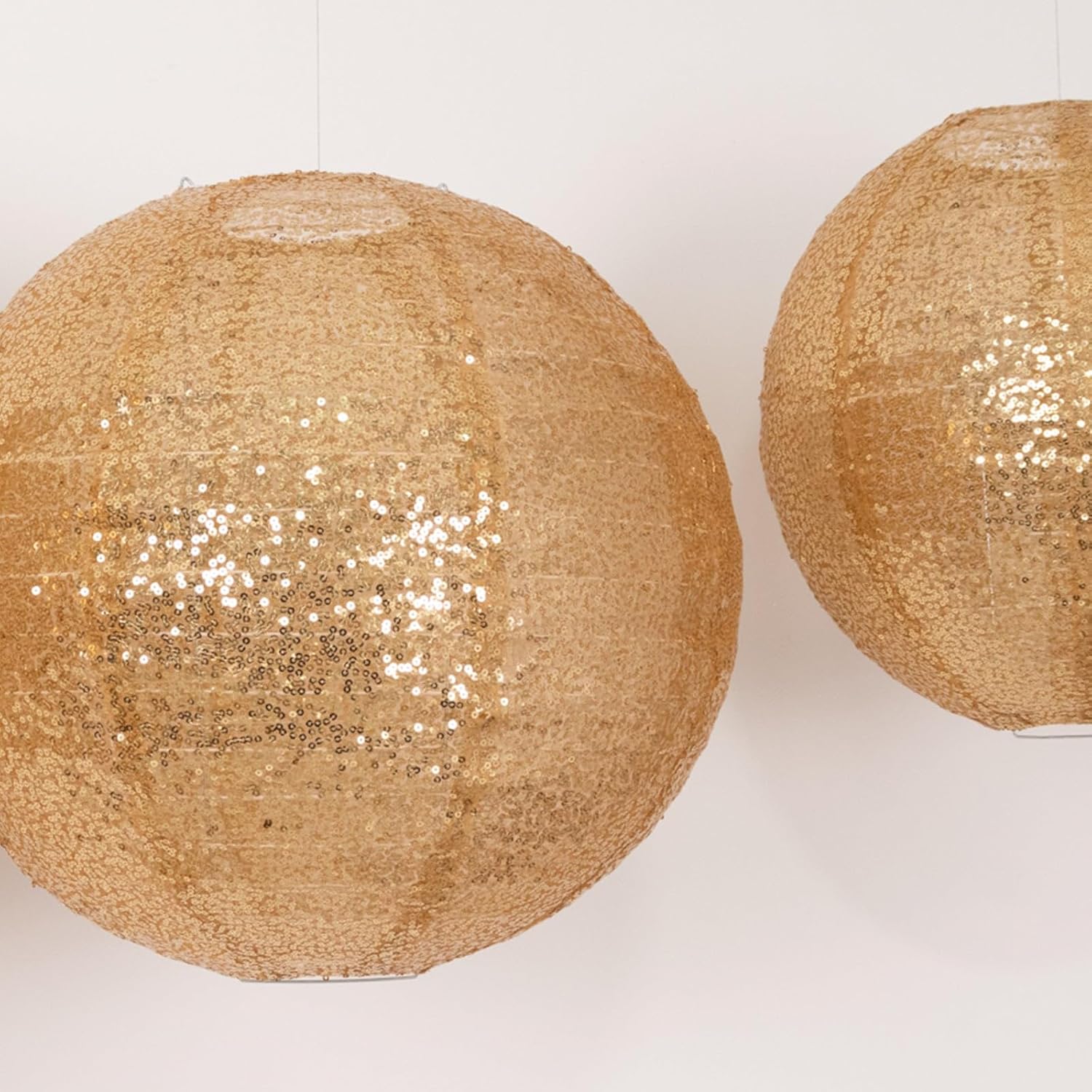 Efavormart Set of 3 Large Gold Sequin Fabric Hanging Lanterns, Round Foldable Chinese Lantern Lampshades for Weddings, Events, and Professional Party Decor - 14", 16", 20"