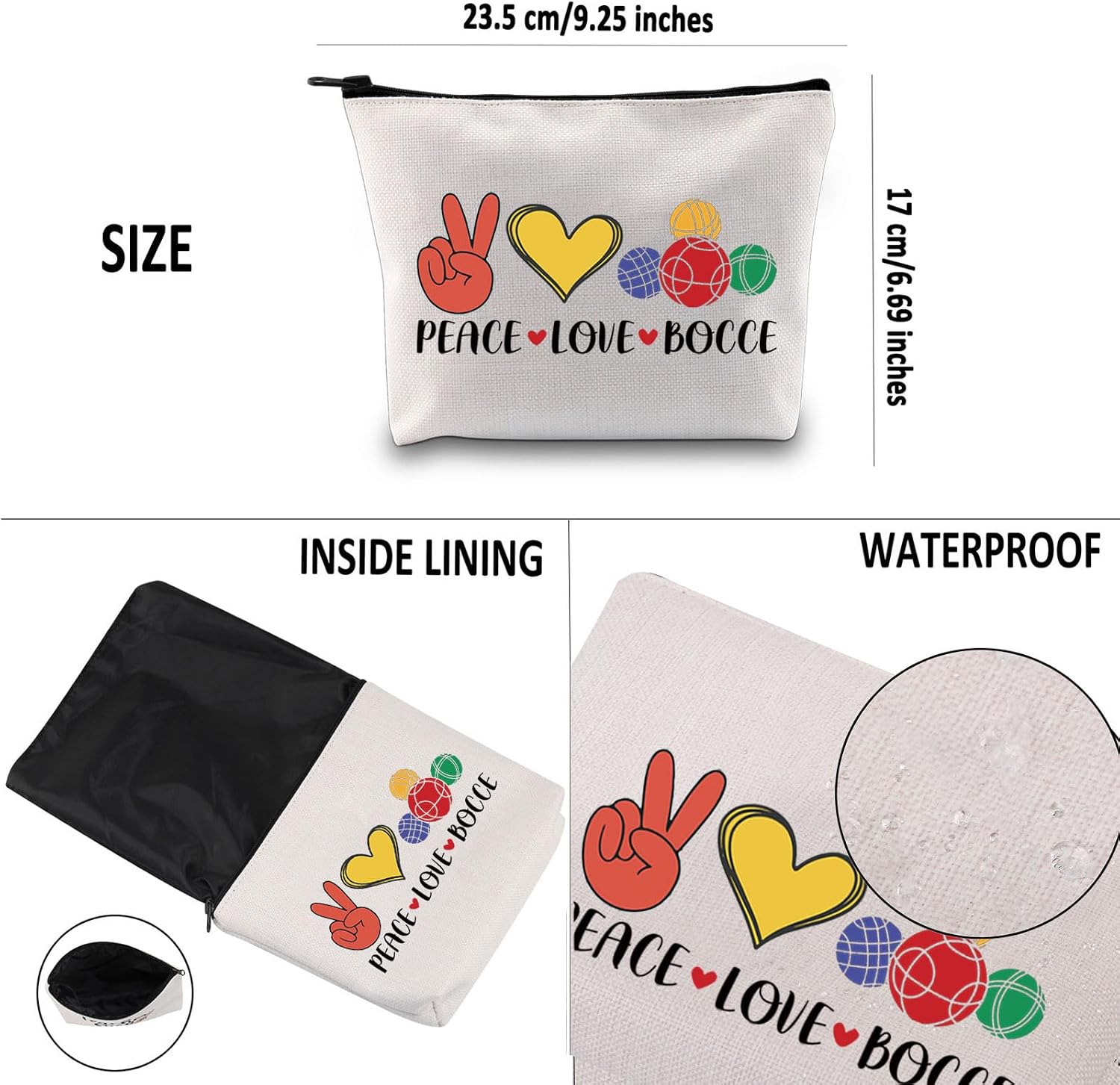 G2TUP Funny Bocce Ball Lover Gift Peace Love Bocce Makeup Bag Bocce Queen Cosmetic Bag Fun Yard Game Gift (Peace Love Bocce MB) image 3