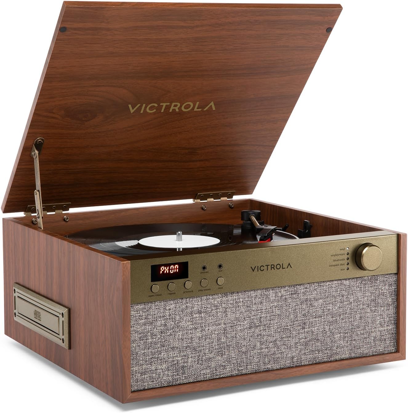 Victrola Century Essential - 5-in-1 Vinyl Record Player & Music Center – 3-Speed Turntable, CD Player, VINYLSTREAM, Bluetooth & 3.5mm Aux, Record Player with Speakers, Mid Century Design (Walnut)