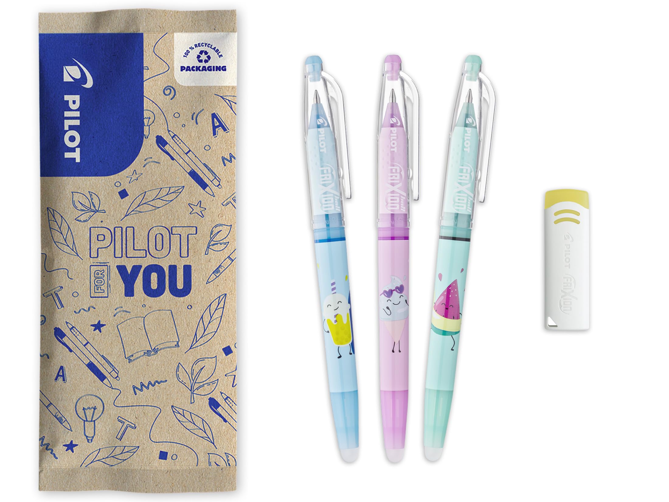 PILOT - Caja de 3 FriXion Ball + 1 Goma de REGALO - Bolígrafos Borrables Bonitos - Edición Limitada Pool Party - Recargables - Tinta Azul, Violeta, Negra - Punta Media