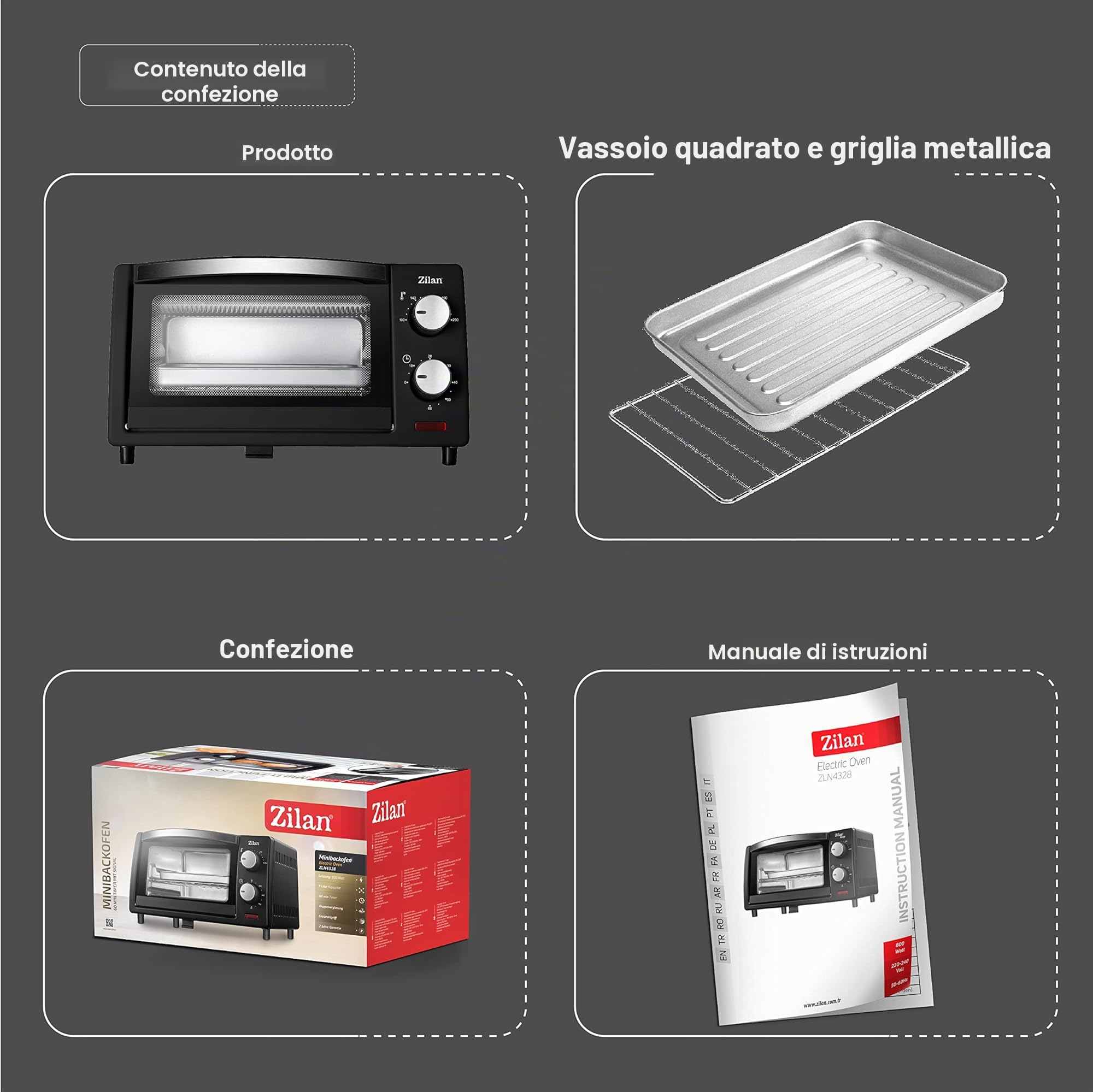 Forno Elettrico 9 Litri 800 Watt Doppio Vetro Timer Zilan