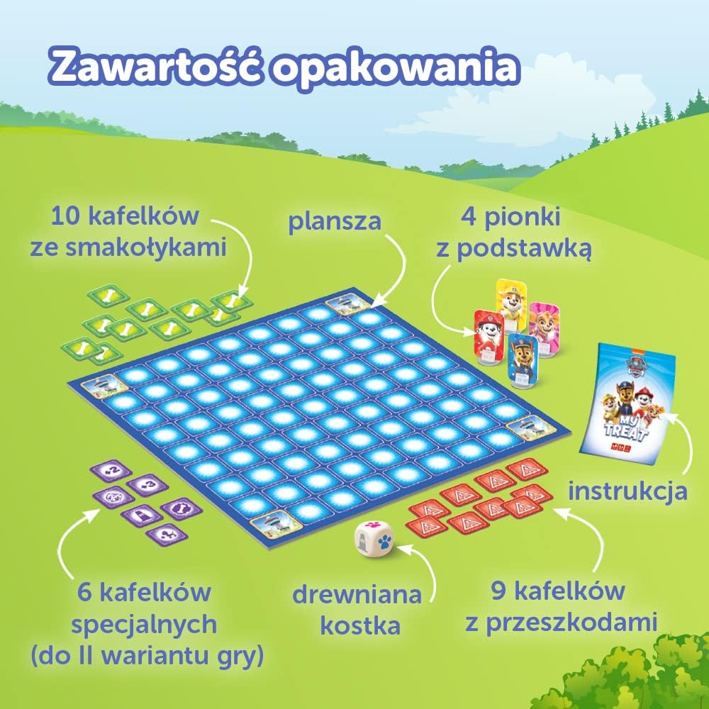 All components of the Trefl My Treat PAW Patrol game laid out