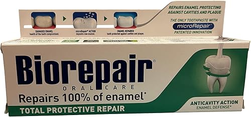 1 pasta de dientes de protección total sin fluoruro biorepair de 2.5 fl oz que repara el esmalte dental dañado y evita la formación de placa y